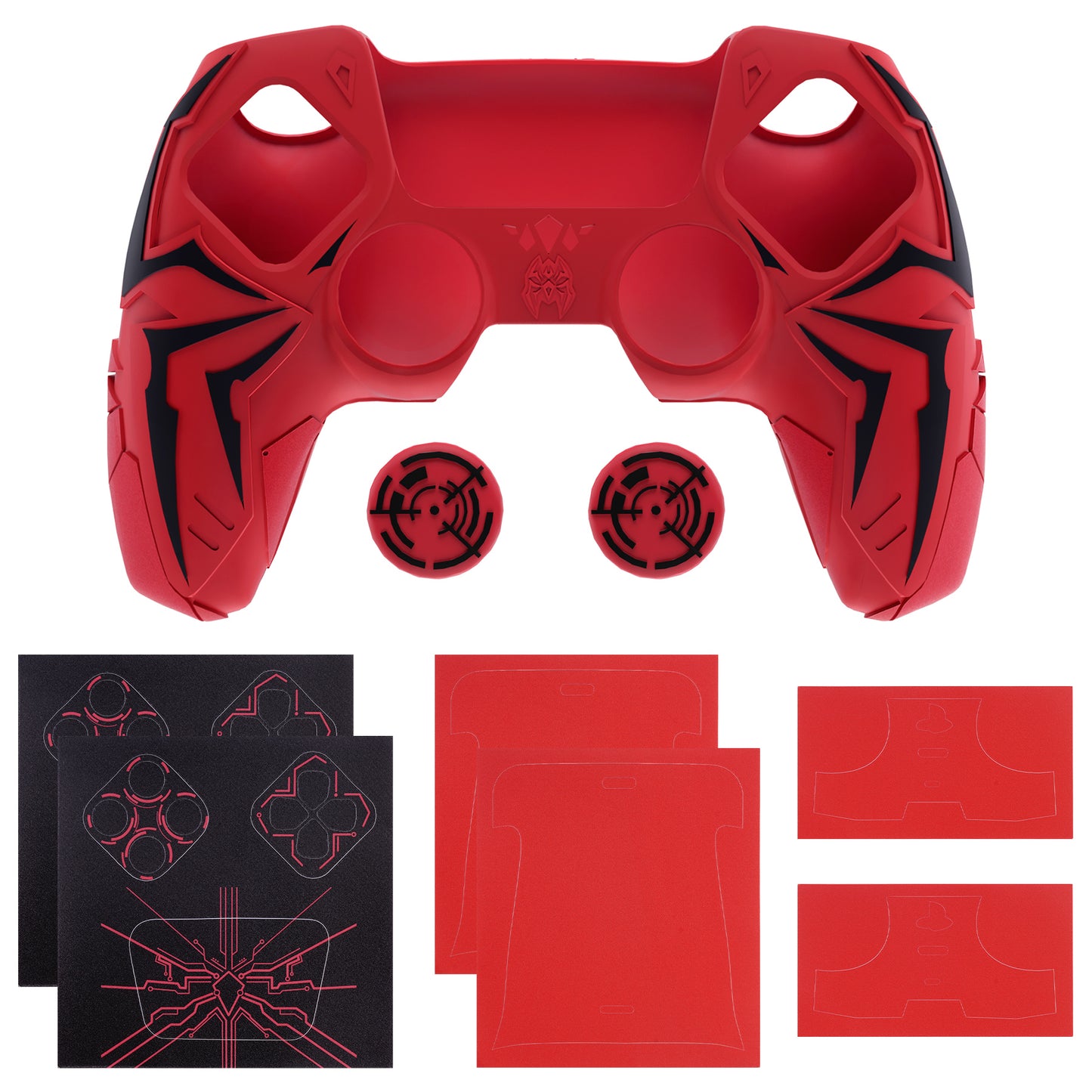 PlayVital Cyber Spider Design Silicone Case for PS5 Controller with 2 Thumb Grips and 6 Sticker, Compatible with Charging Dock - Red & Black