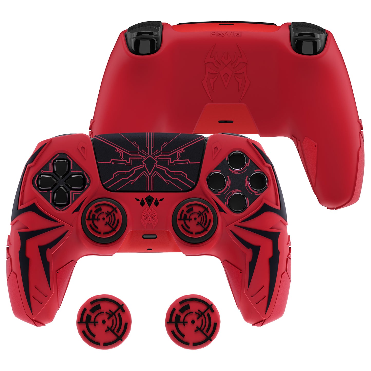 PlayVital Cyber Spider Design Silicone Case for PS5 Controller with 2 Thumb Grips and 6 Sticker, Compatible with Charging Dock - Red & Black