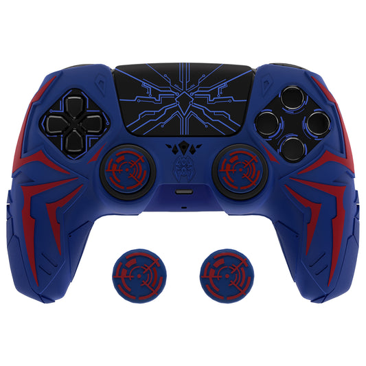 PlayVital Cyber Spider Design Silicone Case for PS5 Controller with 2 Thumb Grips and 6 Sticker, Compatible with Charging Dock - Red & Blue