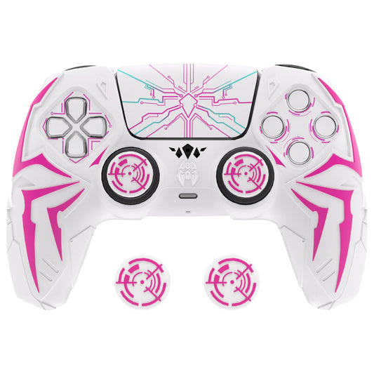 PlayVital Cyber Spider Design Silicone Case for PS5 Controller with 2 Thumb Grips and 6 Sticker, Compatible with Charging Dock - White & Pink