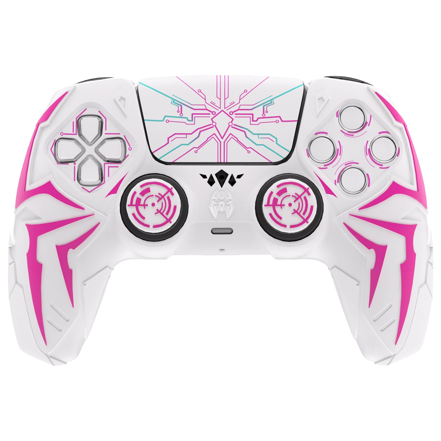 PlayVital Cyber Spider Design Silicone Case for PS5 Controller with 2 Thumb Grips and 6 Sticker, Compatible with Charging Dock - White & Pink