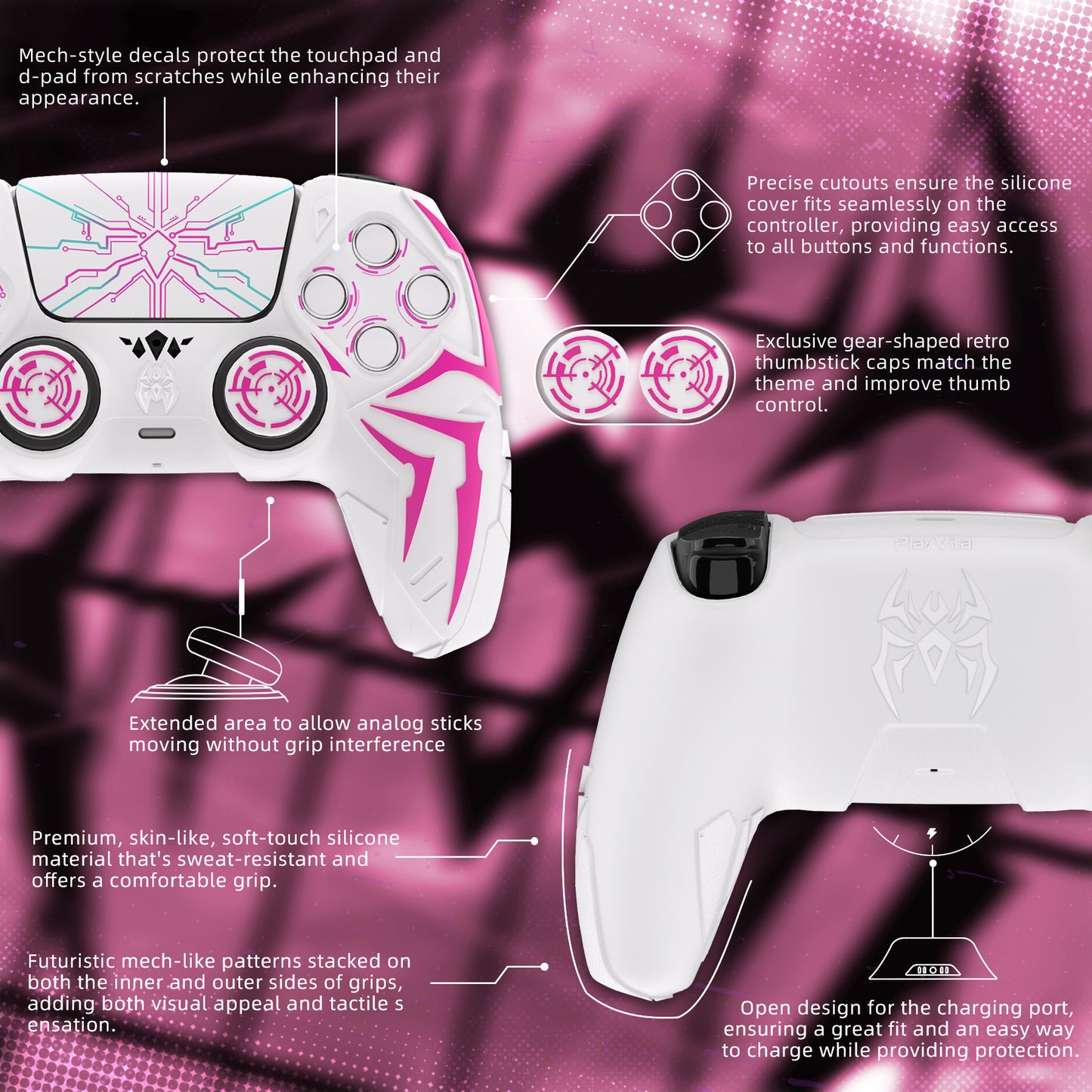 PlayVital Cyber Spider Design Silicone Case for PS5 Controller with 2 Thumb Grips and 6 Sticker, Compatible with Charging Dock - White & Pink