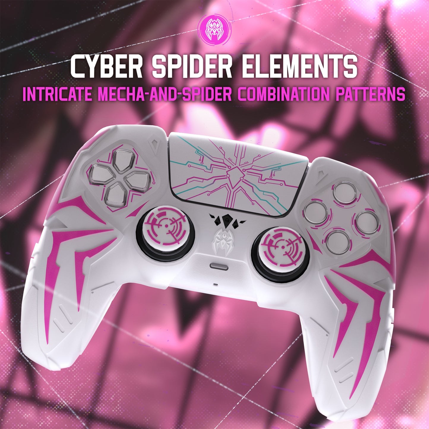 PlayVital Cyber Spider Design Silicone Case for PS5 Controller with 2 Thumb Grips and 6 Sticker, Compatible with Charging Dock - White & Pink