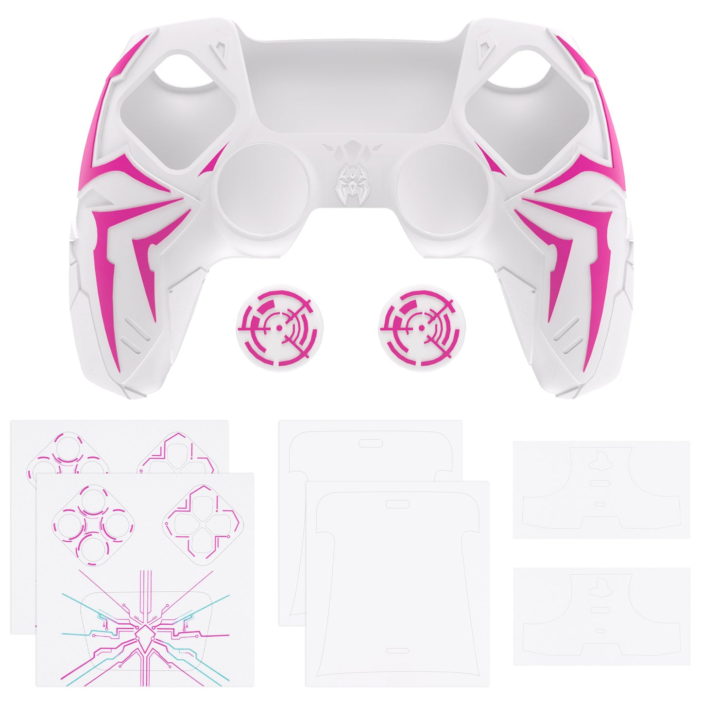 PlayVital Cyber Spider Design Silicone Case for PS5 Controller with 2 Thumb Grips and 6 Sticker, Compatible with Charging Dock - White & Pink