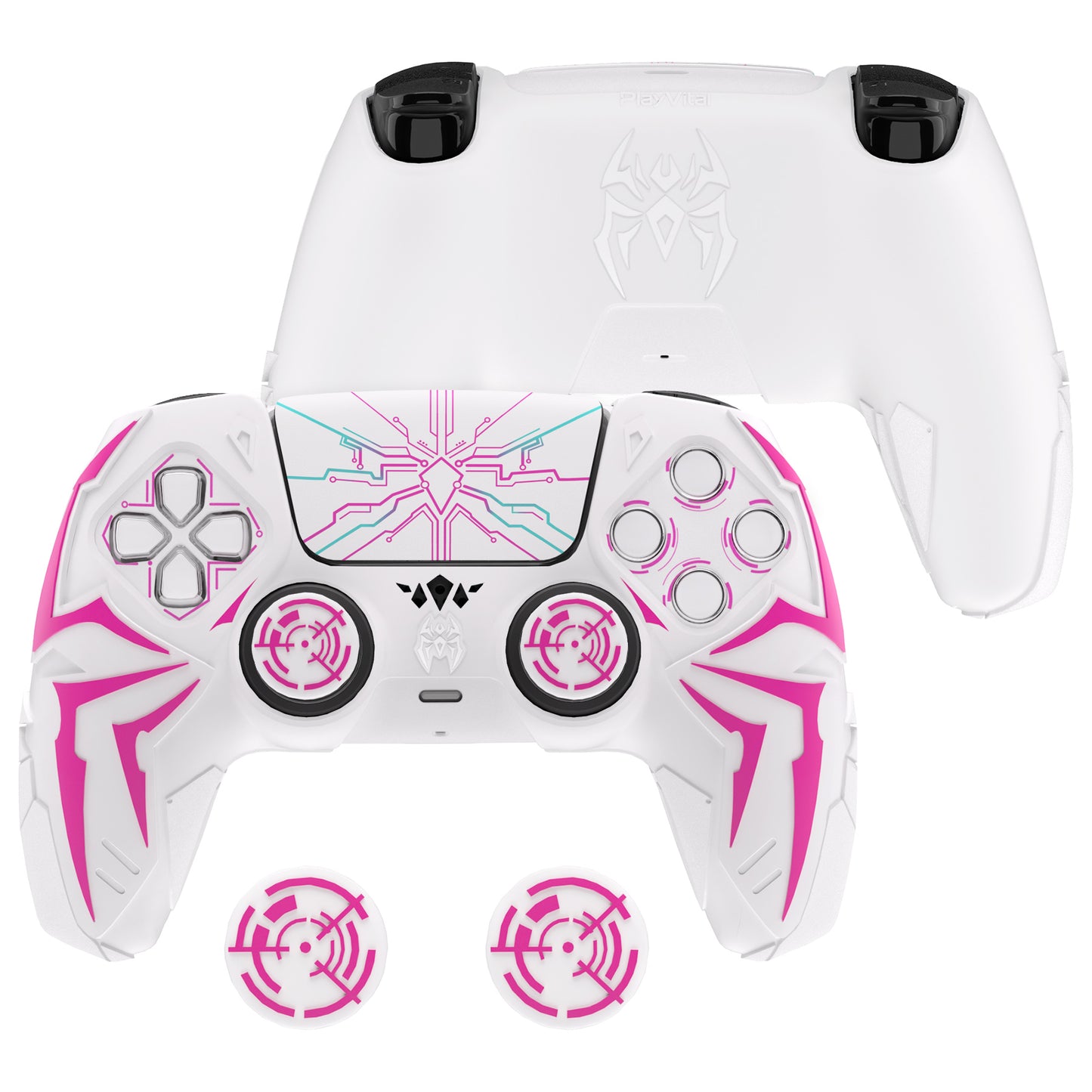 PlayVital Cyber Spider Design Silicone Case for PS5 Controller with 2 Thumb Grips and 6 Sticker, Compatible with Charging Dock - White & Pink