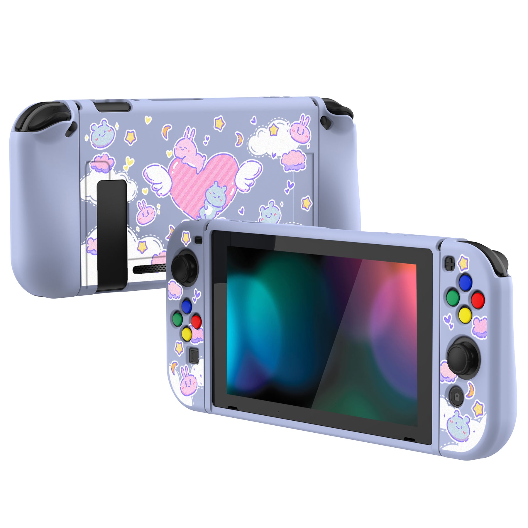 PlayVital Fantasy Bunny & Bear Protective Case for NS, Soft TPU Slim Case Cover for NS Joycon Console with Colorful ABXY Direction Button Caps - NTU6024G2 PlayVital