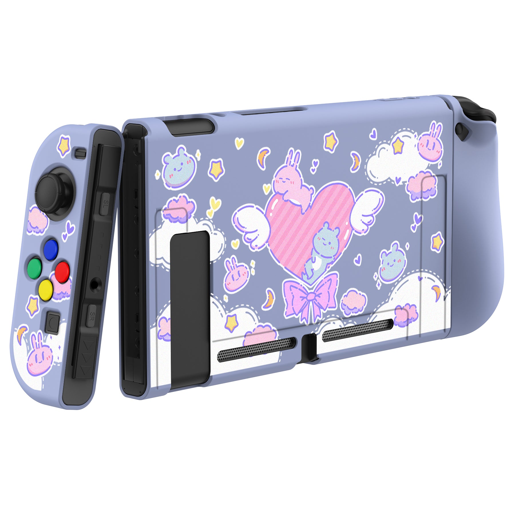 PlayVital Fantasy Bunny & Bear Protective Case for NS, Soft TPU Slim Case Cover for NS Joycon Console with Colorful ABXY Direction Button Caps - NTU6024G2 PlayVital