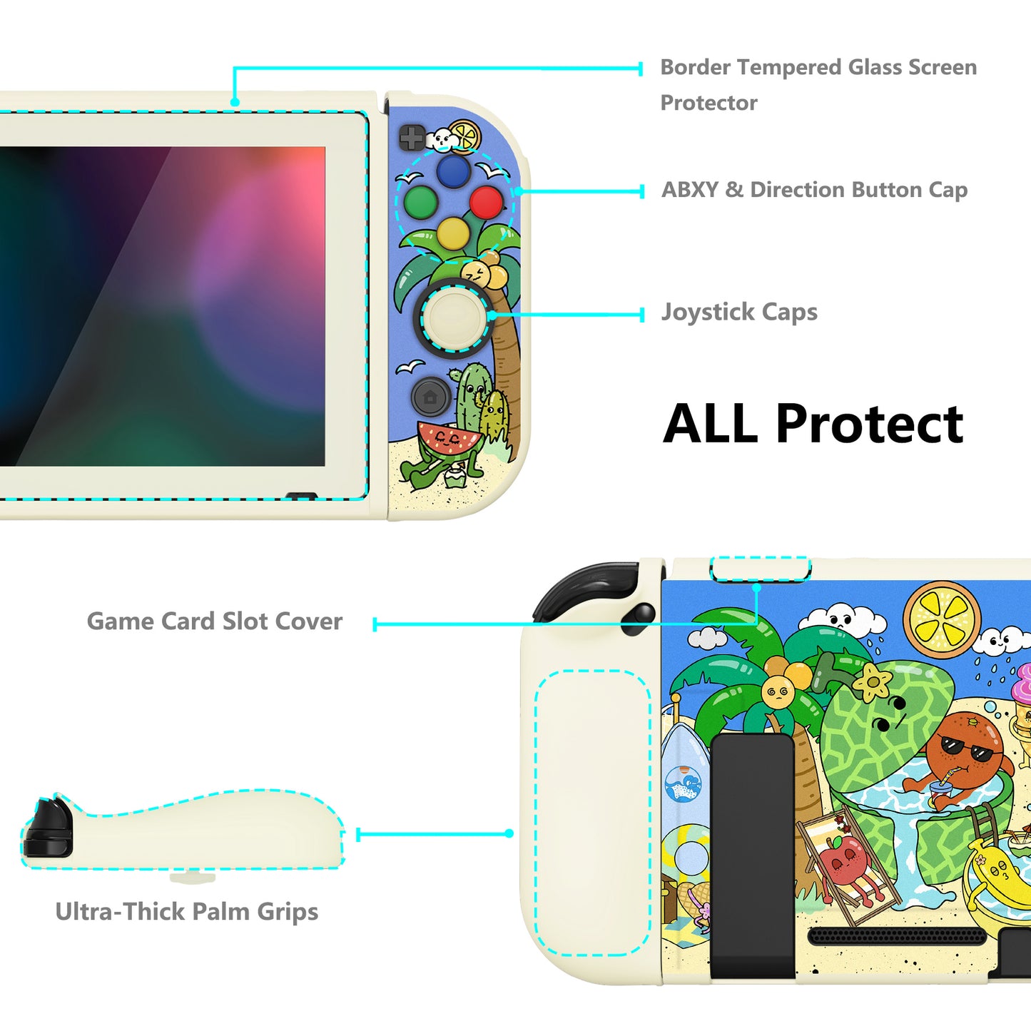 PlayVital ZealProtect Soft Protective Case for Nintendo Switch, Flexible Cover for Switch with Tempered Glass Screen Protector & Thumb Grips & ABXY Direction Button Caps - Fruity Party - RNSYV6048 playvital