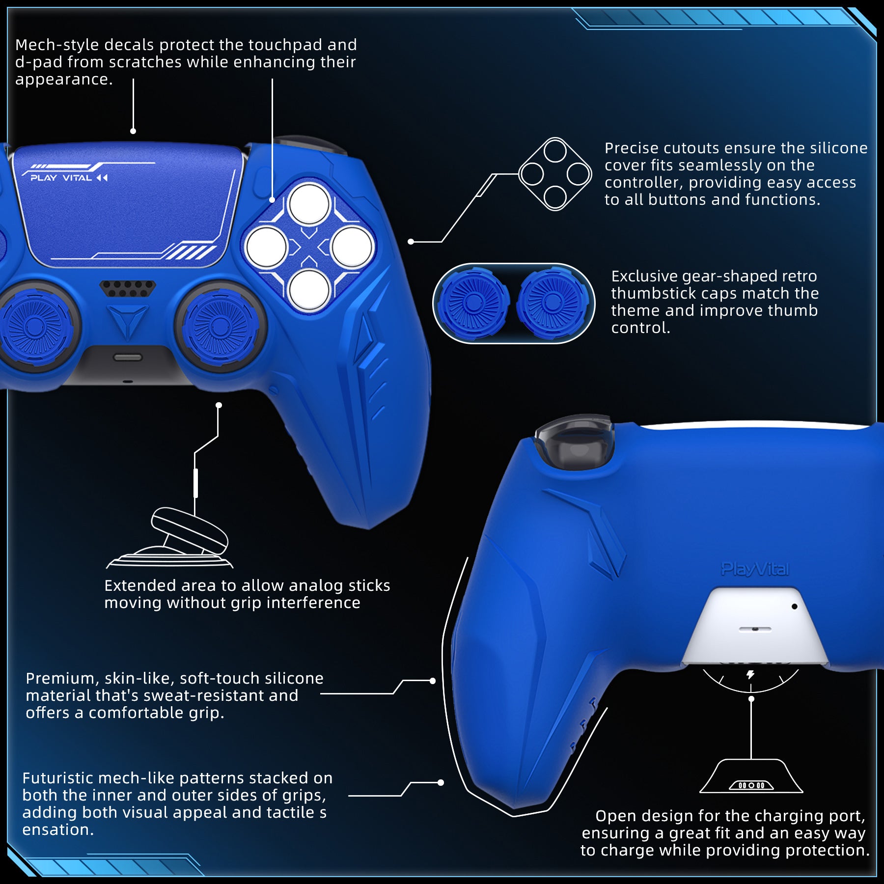 PlayVital Futuristic CyberMech Design Silicone Grip Skin with Thumb Grips for PS5 Wireless Controller, Compatible with PS5 Official Charging Dock - Black - CHXPFP001 (Copy) PlayVital