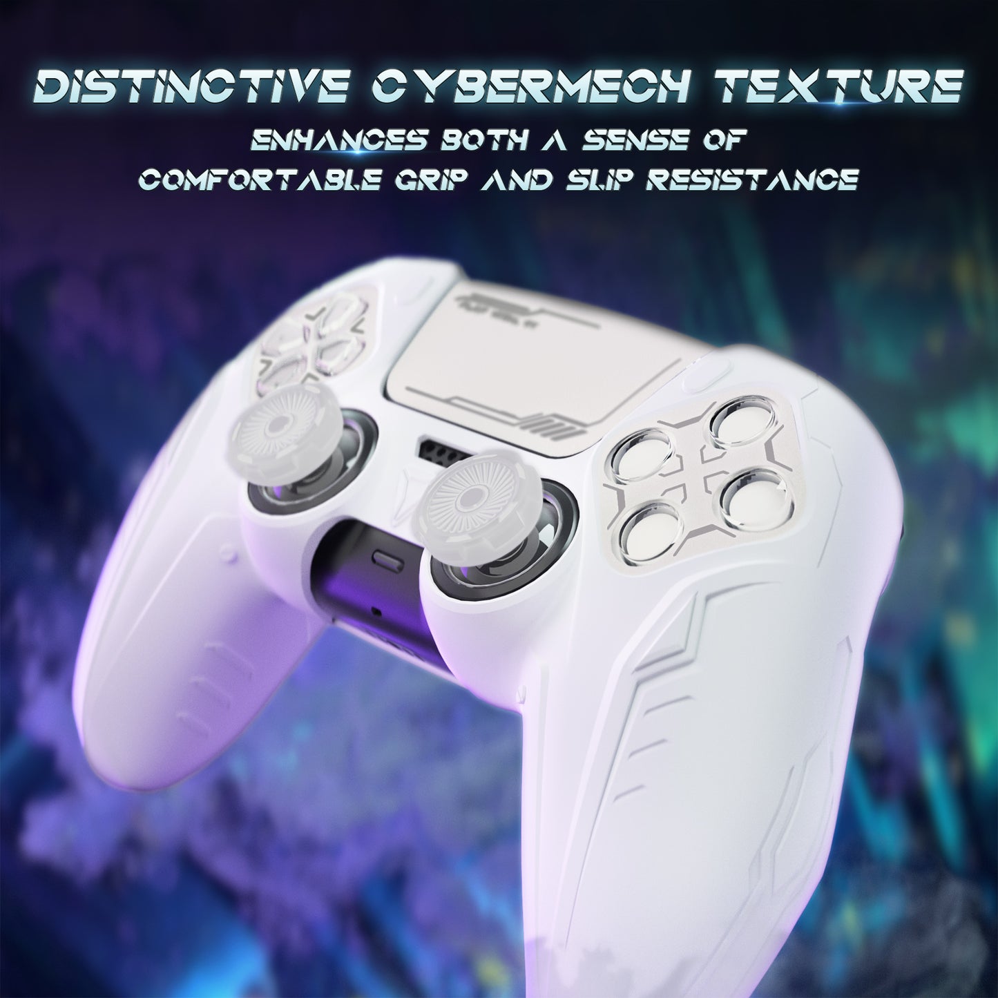 PlayVital Futuristic CyberMech Design Silicone Grip Skin with Thumb Grips for PS5 Wireless Controller, Compatible with PS5 Official Charging Dock - White - CHXPFP002 PlayVital