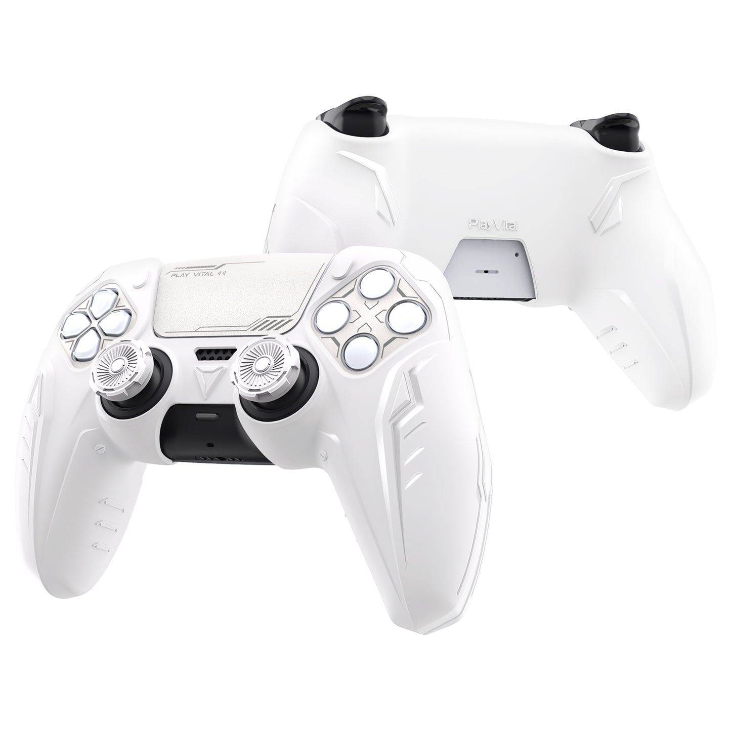 PlayVital Futuristic CyberMech Design Silicone Grip Skin with Thumb Grips for PS5 Wireless Controller, Compatible with PS5 Official Charging Dock - White - CHXPFP002 PlayVital