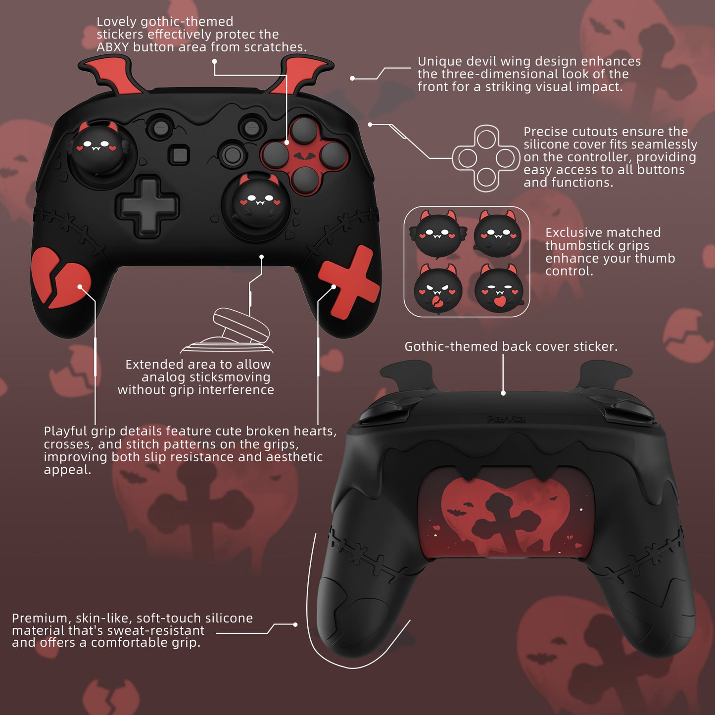 PlayVital Gothic Imp Series Cute Silicone Case for Nintendo Switch Pro Controller - Black PlayVital