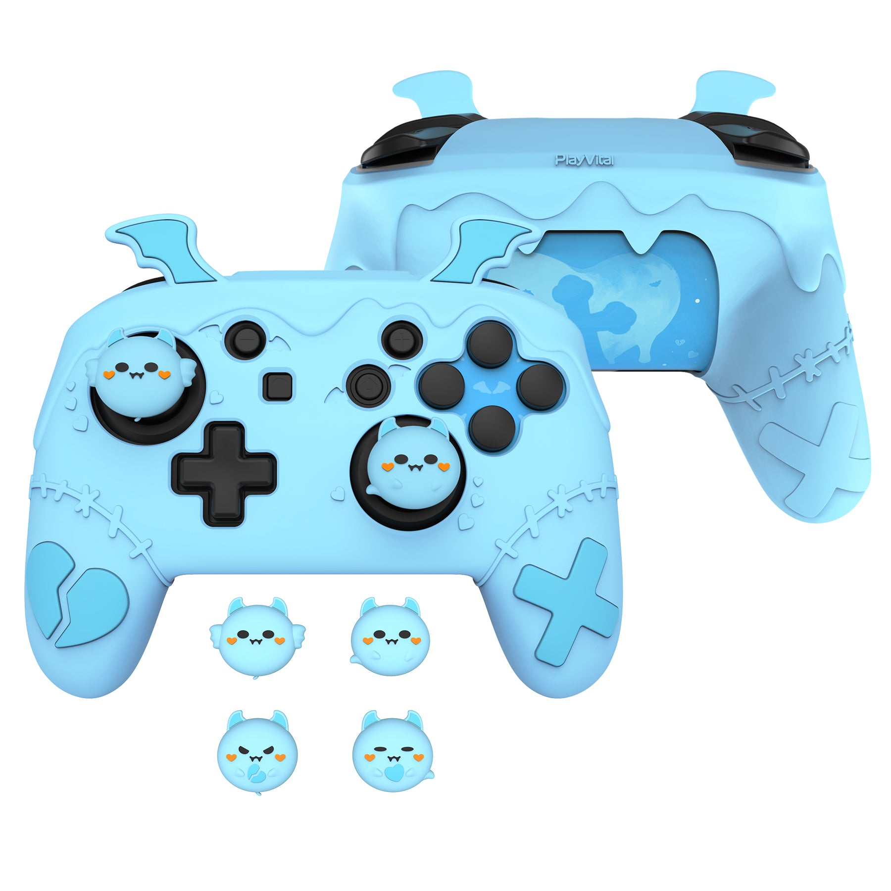 PlayVital Gothic Imp Series Cute Silicone Case for Nintendo Switch Pro Controller - Blue PlayVital