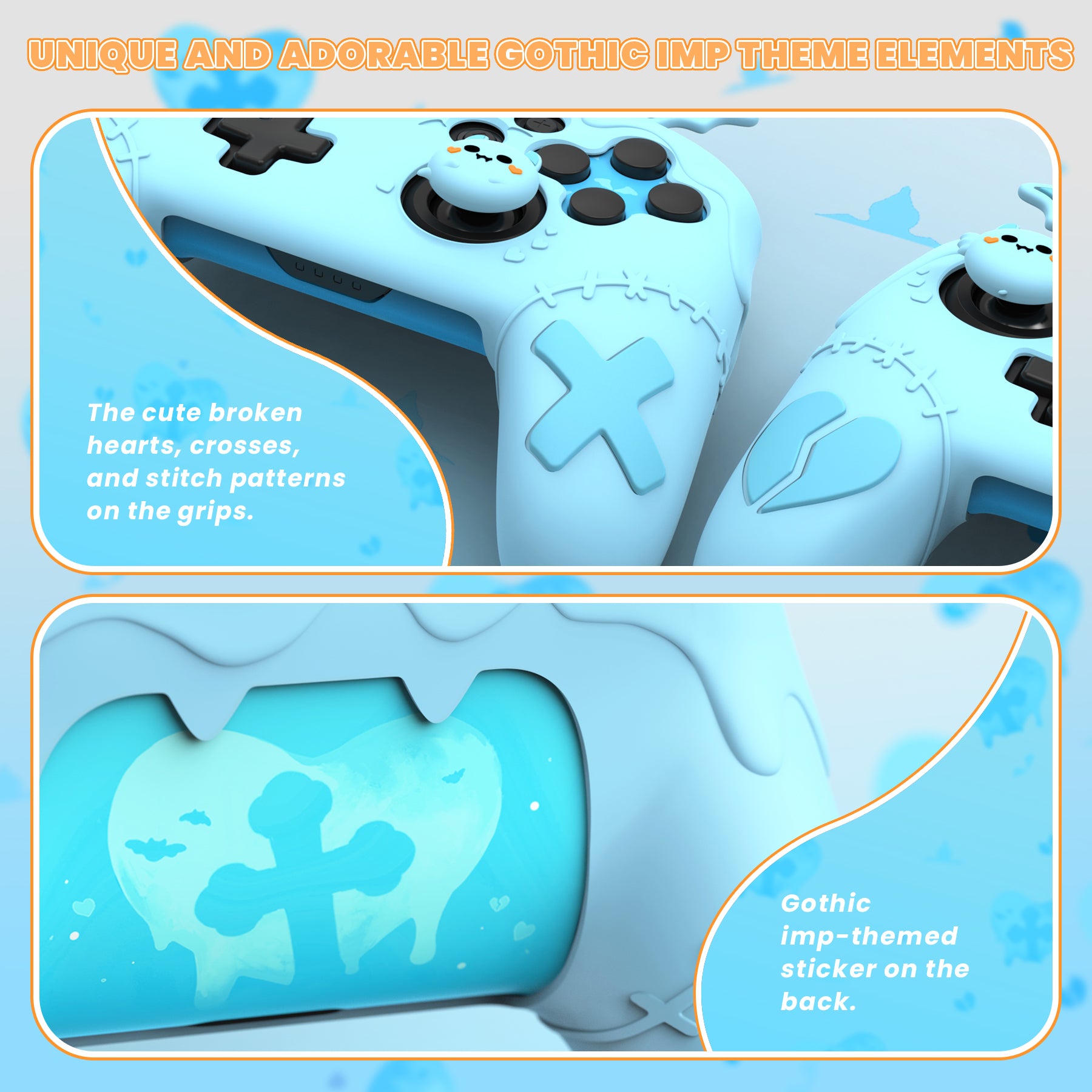 PlayVital Gothic Imp Series Cute Silicone Case for Nintendo Switch Pro Controller - Blue PlayVital