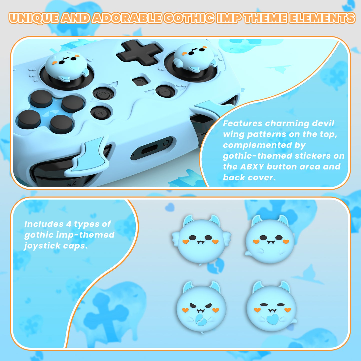 PlayVital Gothic Imp Series Cute Silicone Case for Nintendo Switch Pro Controller - Blue PlayVital