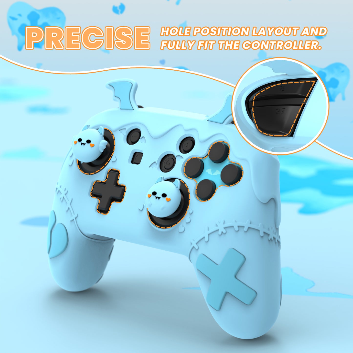 PlayVital Gothic Imp Series Cute Silicone Case for Nintendo Switch Pro Controller - Blue PlayVital