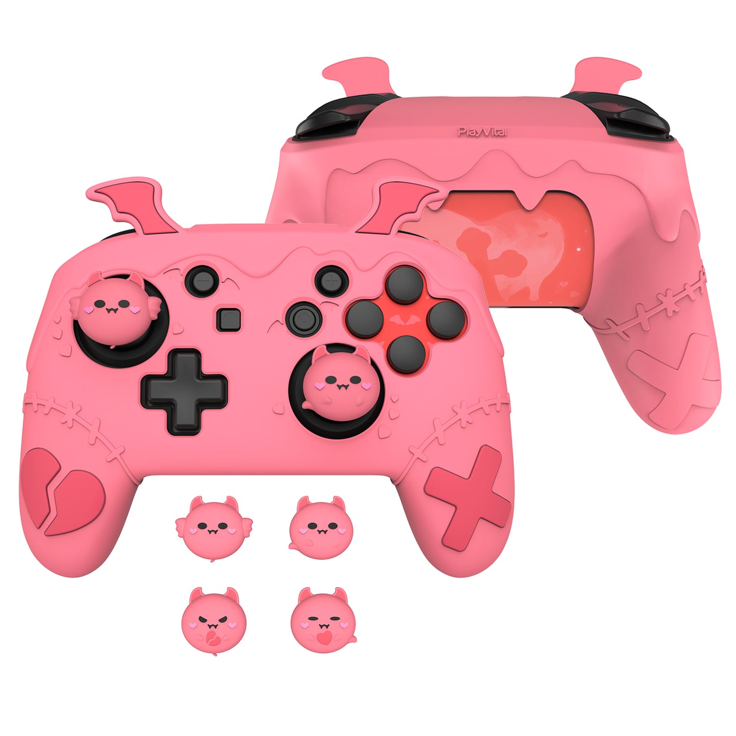 PlayVital Gothic Imp Series Cute Silicone Case for Nintendo Switch Pro Controller - Pink PlayVital