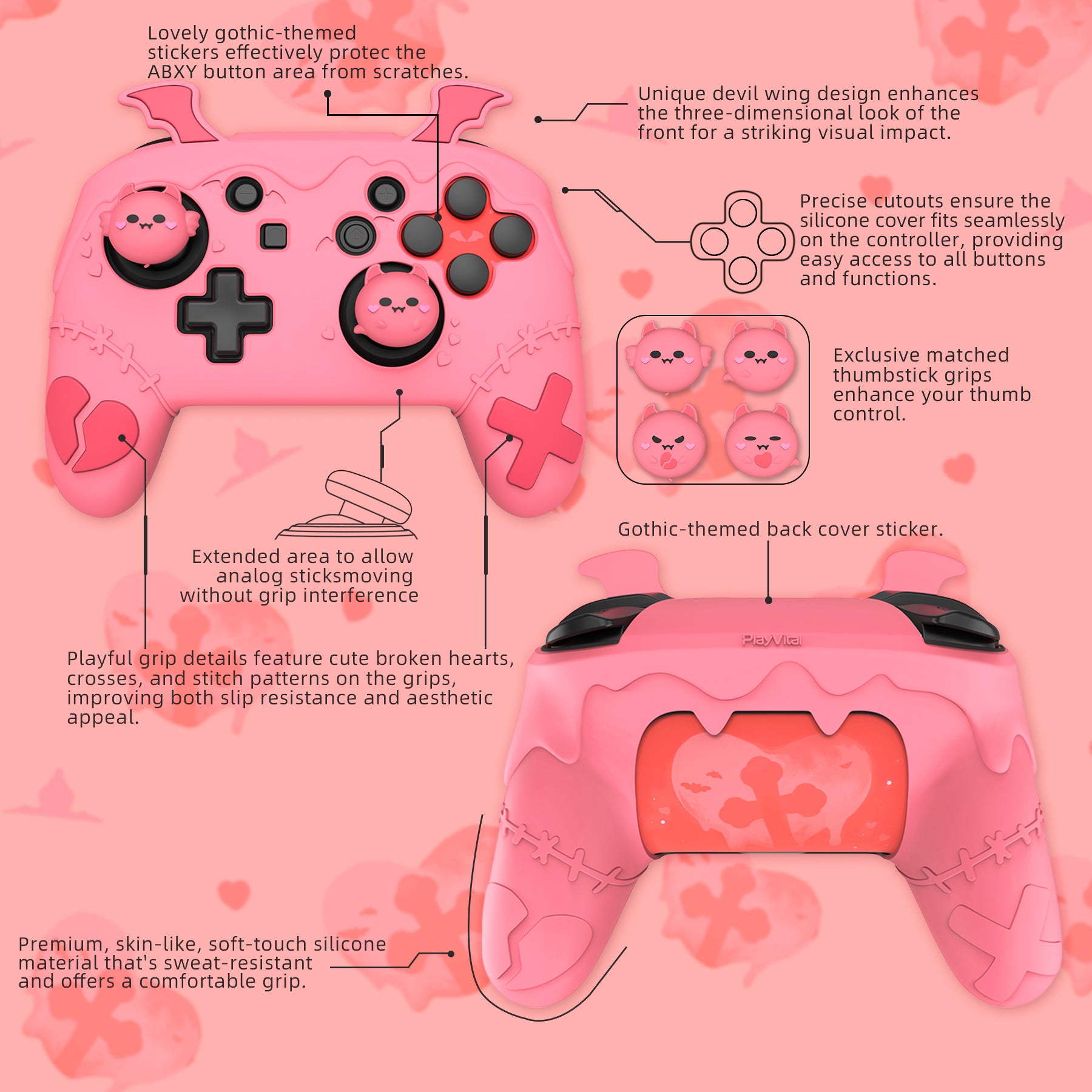 PlayVital Gothic Imp Series Cute Silicone Case for Nintendo Switch Pro Controller - Pink PlayVital