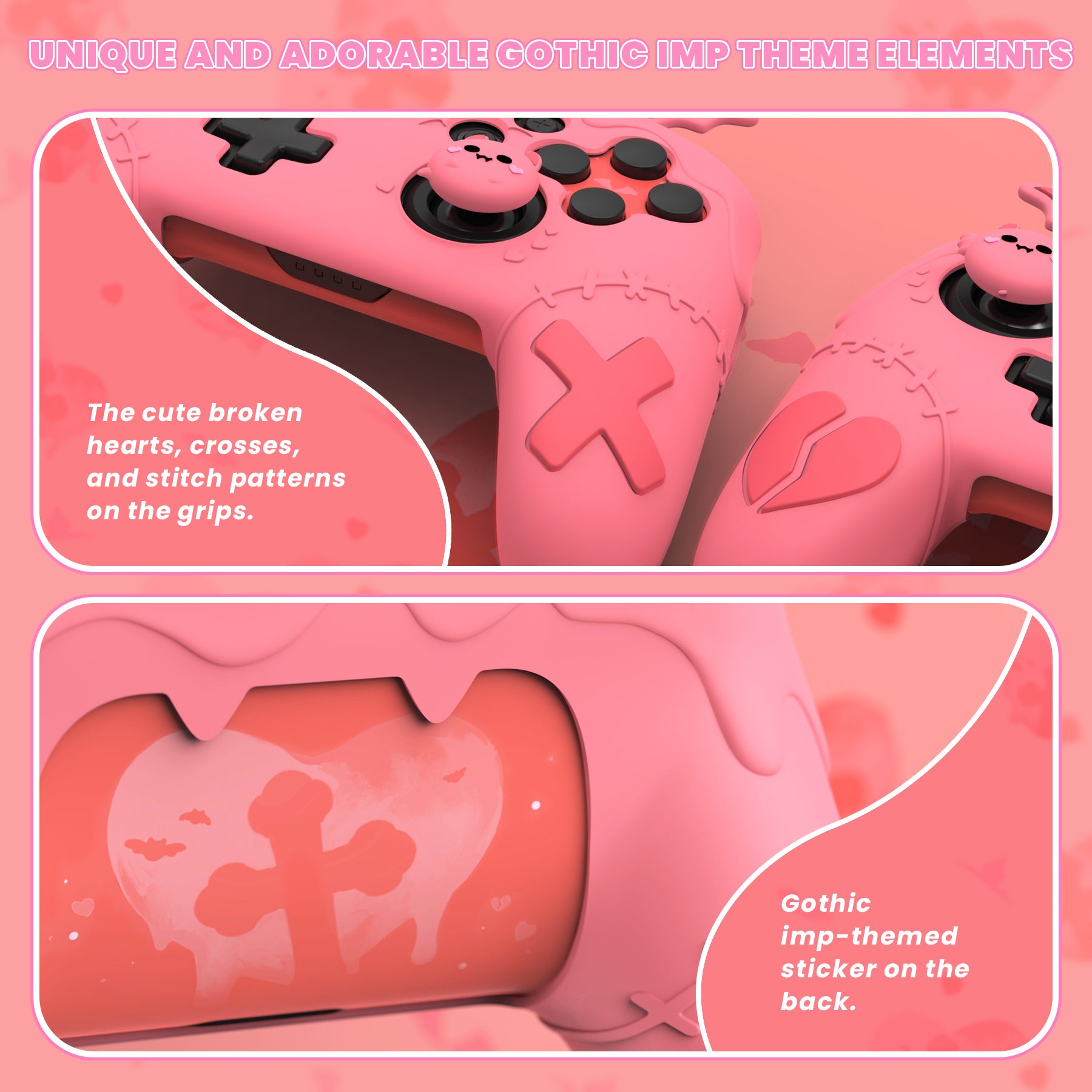 PlayVital Gothic Imp Series Cute Silicone Case for Nintendo Switch Pro Controller - Pink PlayVital