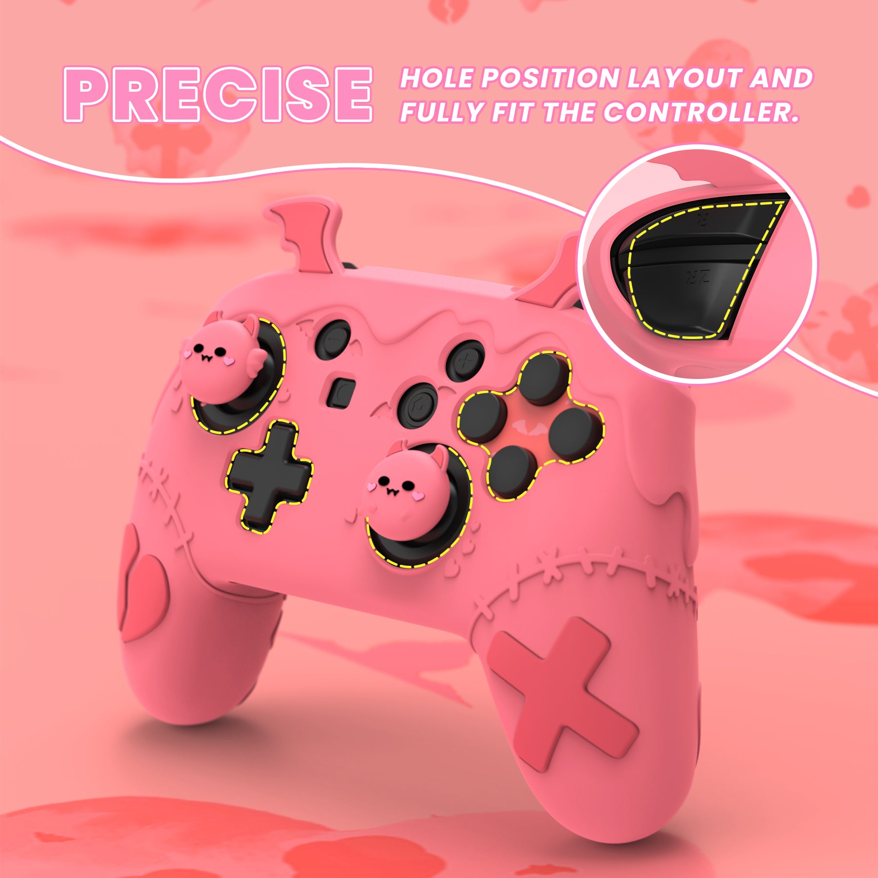 PlayVital Gothic Imp Series Cute Silicone Case for Nintendo Switch Pro Controller - Pink PlayVital