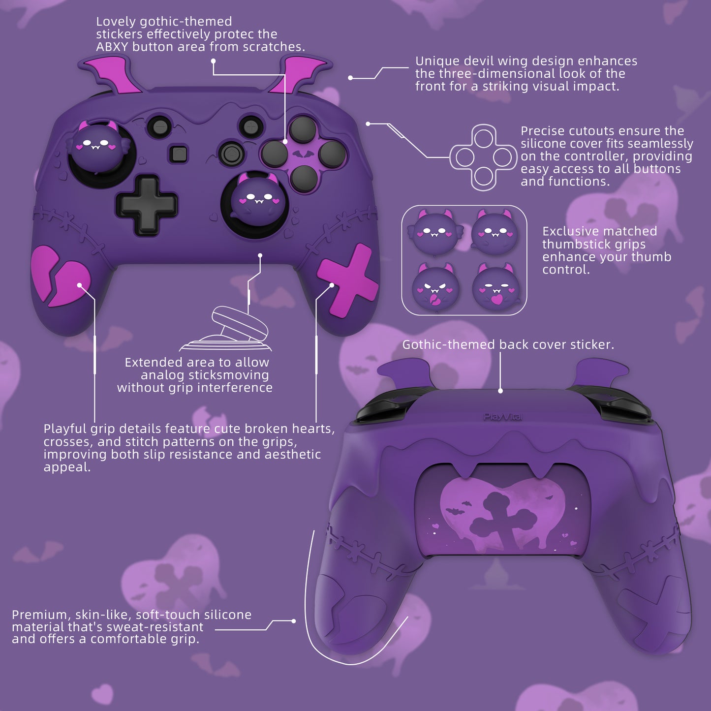 PlayVital Gothic Imp Series Cute Silicone Case for Nintendo Switch Pro Controller - Purple PlayVital