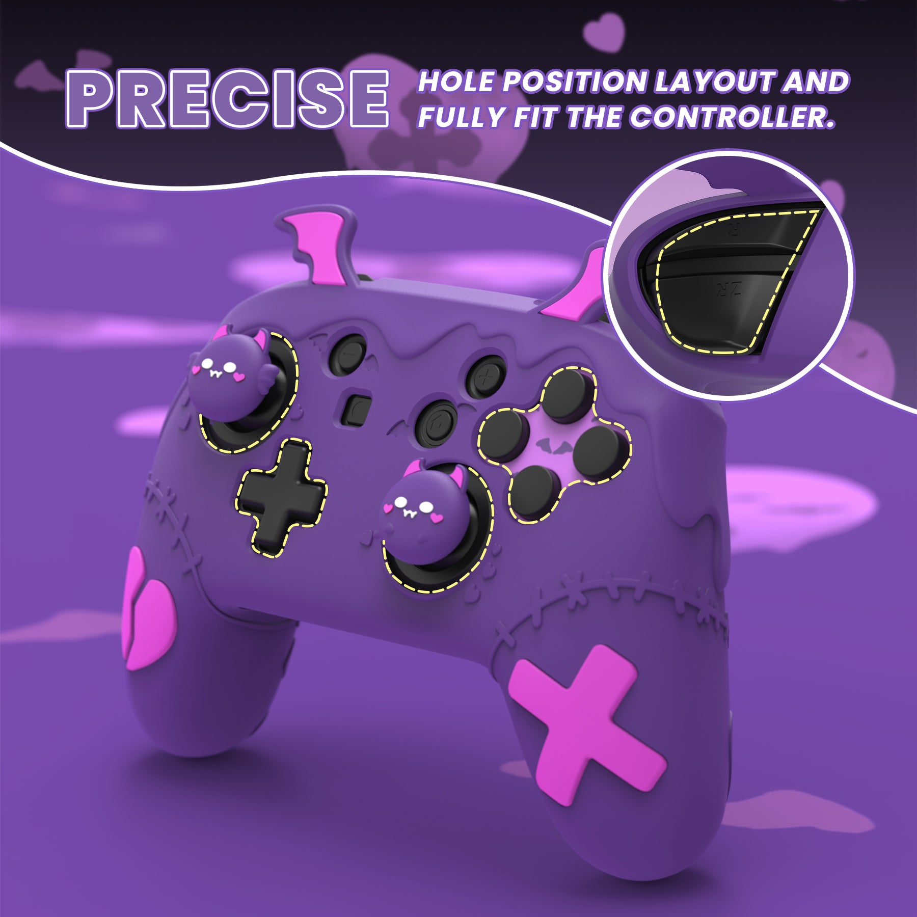 PlayVital Gothic Imp Series Cute Silicone Case for Nintendo Switch Pro Controller - Purple PlayVital