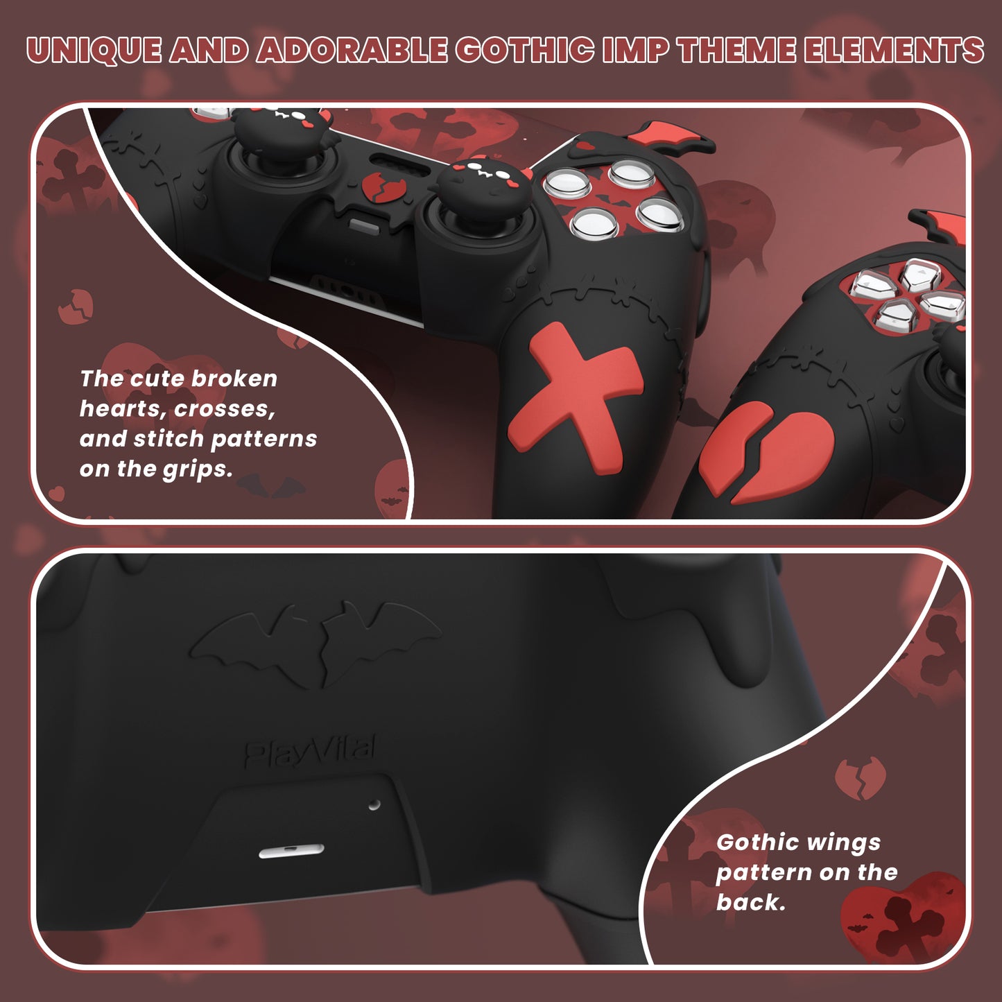 PlayVital Gothic Imp Series Cute Silicone Case with Thumb Grips and Stickers for PS5 Controller, Compatible with PS5 Official Charging Dock - Black