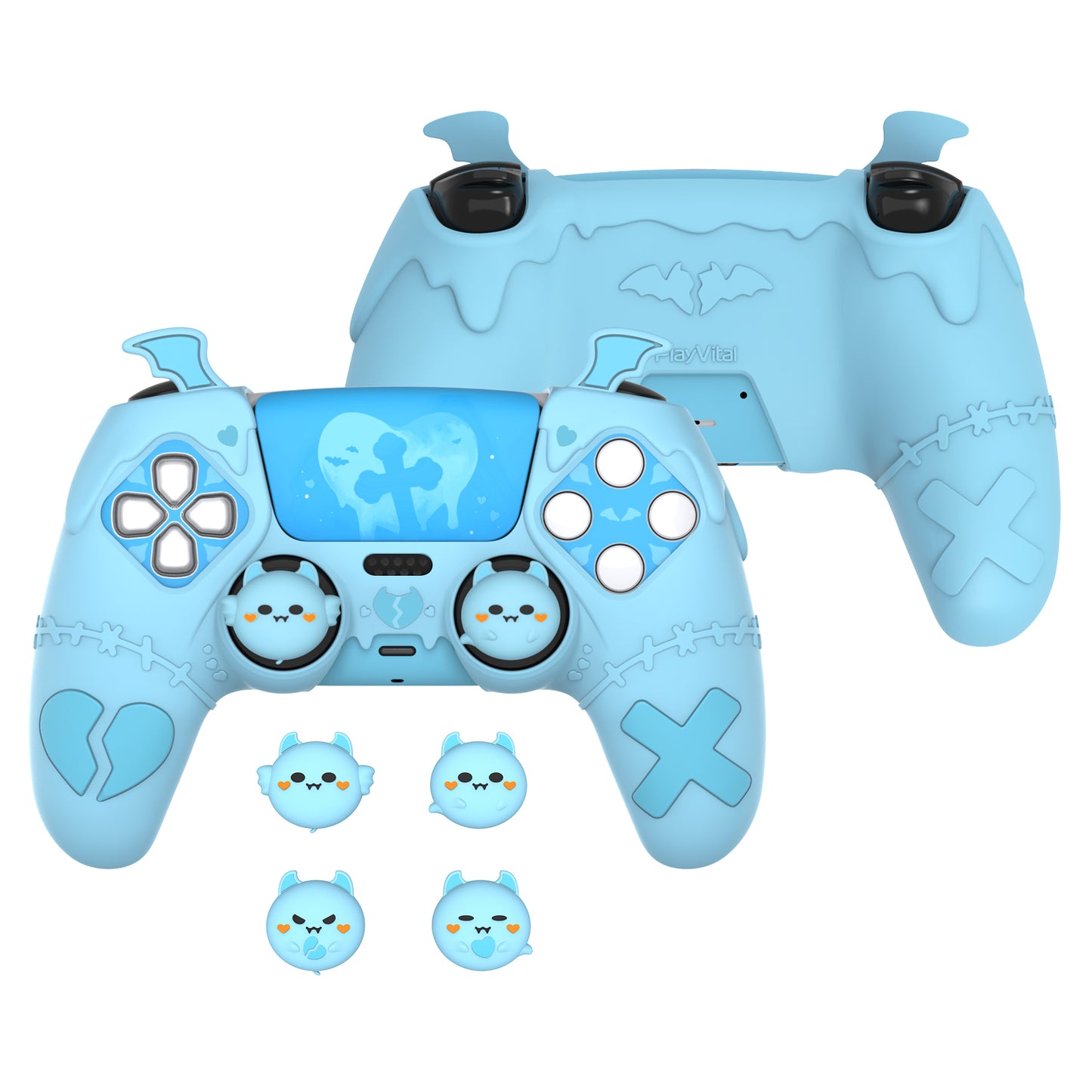 PlayVital Gothic Imp Series Cute Silicone Case with Thumb Grips and Stickers for PS5 Controller, Compatible with PS5 Official Charging Dock - Blue