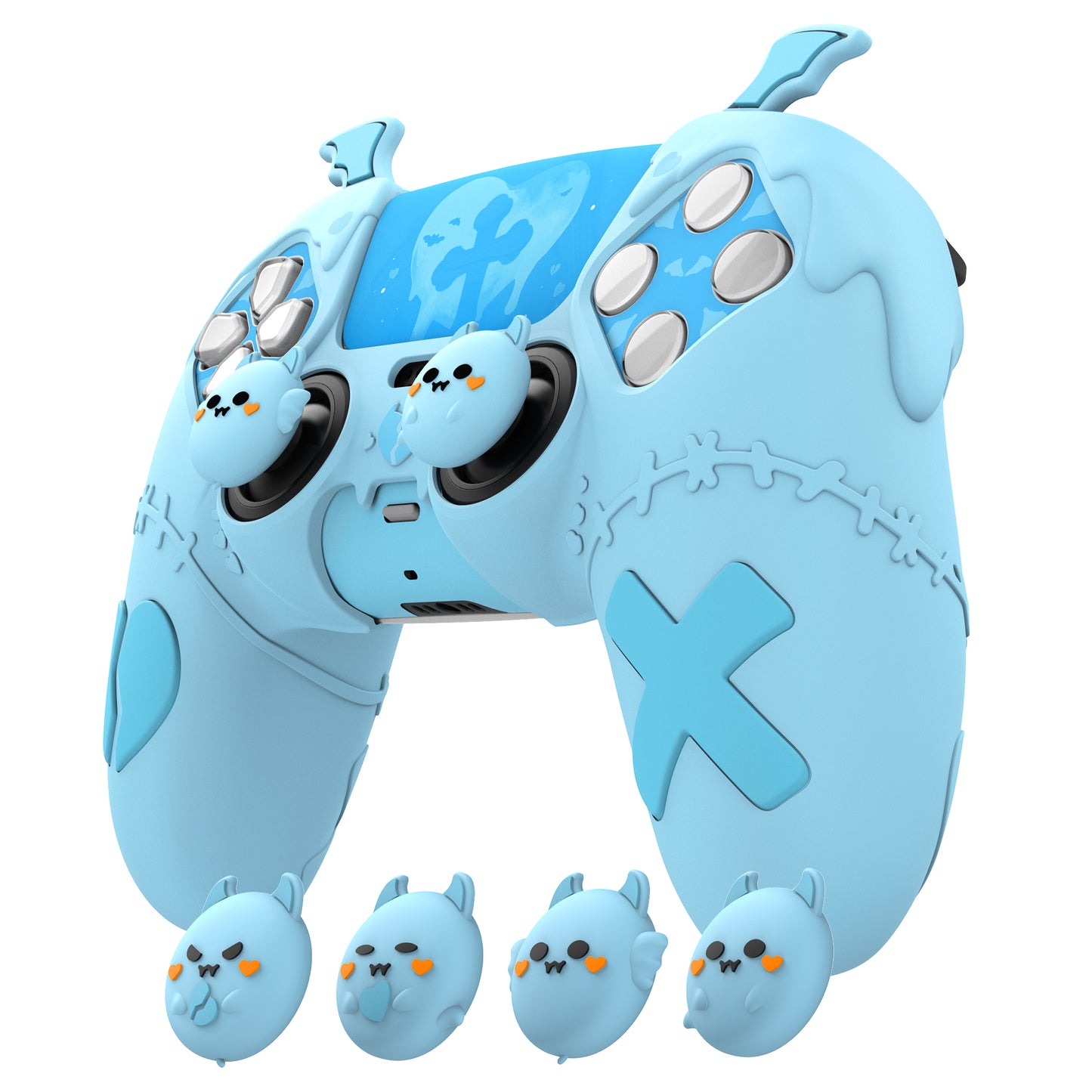 PlayVital Gothic Imp Series Cute Silicone Case with Thumb Grips and Stickers for PS5 Controller, Compatible with PS5 Official Charging Dock - Blue