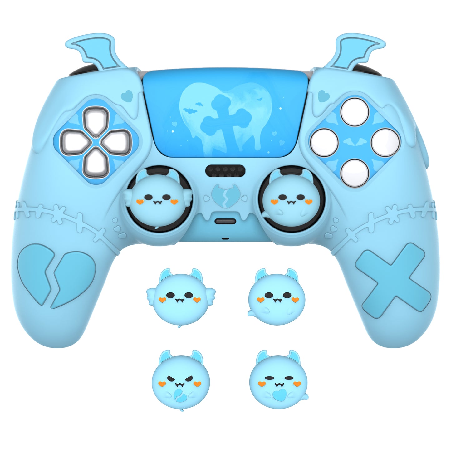 PlayVital Gothic Imp Series Cute Silicone Case with Thumb Grips and Stickers for PS5 Controller, Compatible with PS5 Official Charging Dock - Blue