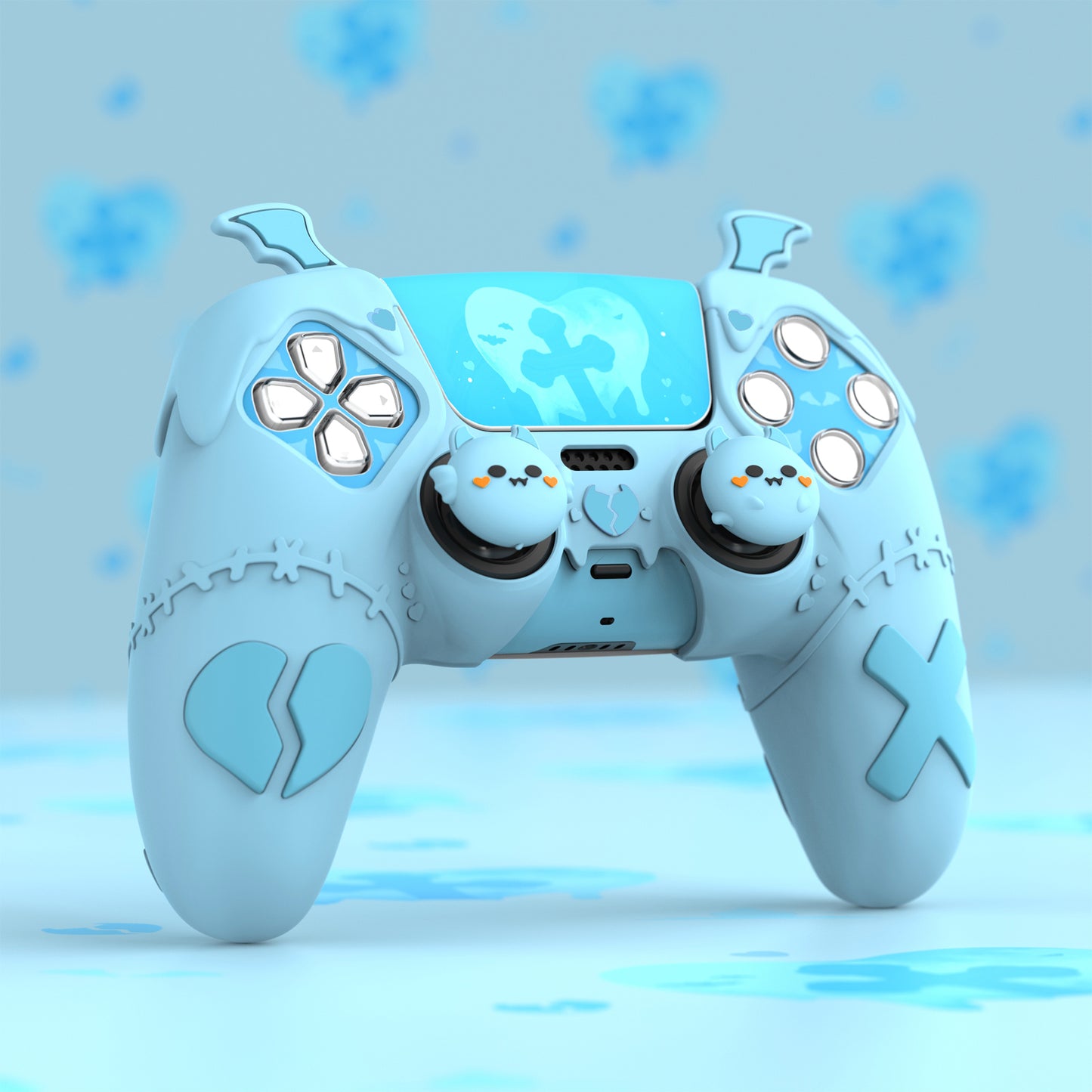 PlayVital Gothic Imp Series Cute Silicone Case with Thumb Grips and Stickers for PS5 Controller, Compatible with PS5 Official Charging Dock - Blue