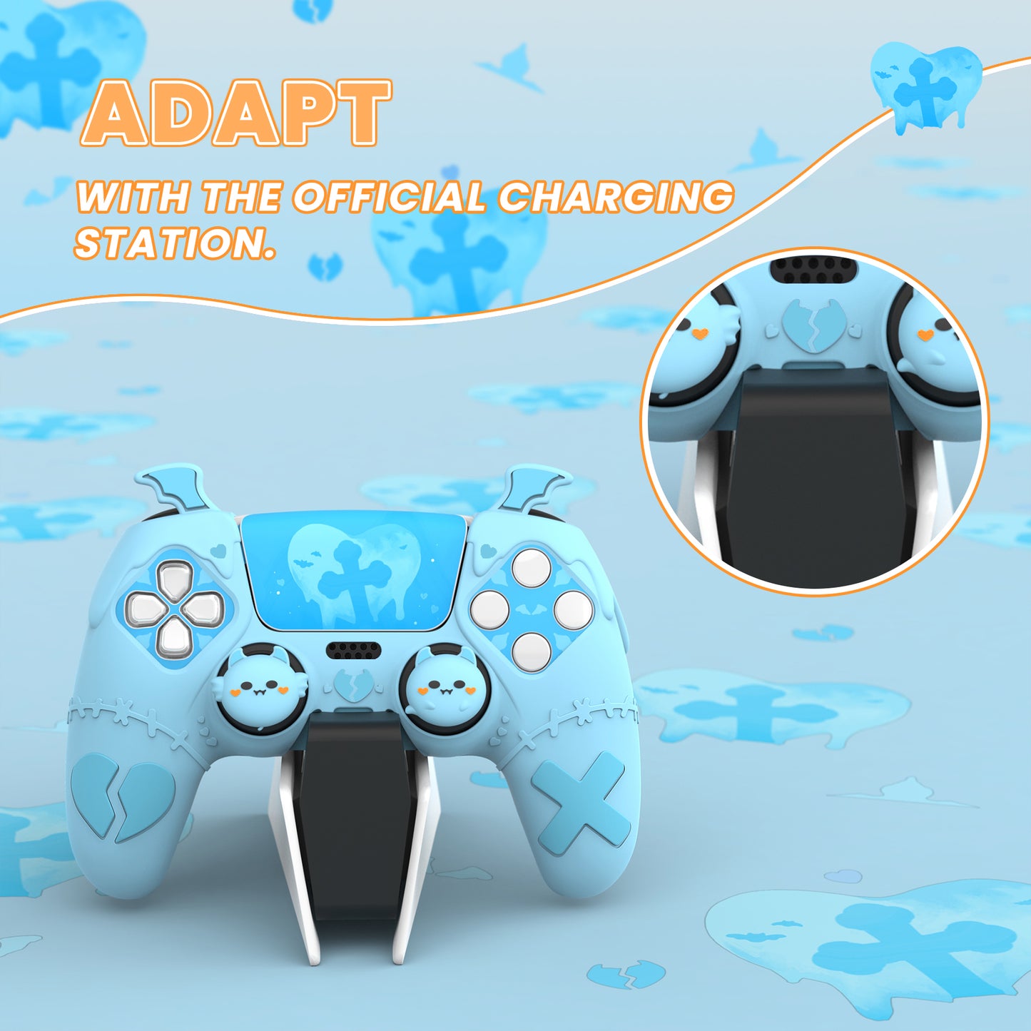 PlayVital Gothic Imp Series Cute Silicone Case with Thumb Grips and Stickers for PS5 Controller, Compatible with PS5 Official Charging Dock - Blue