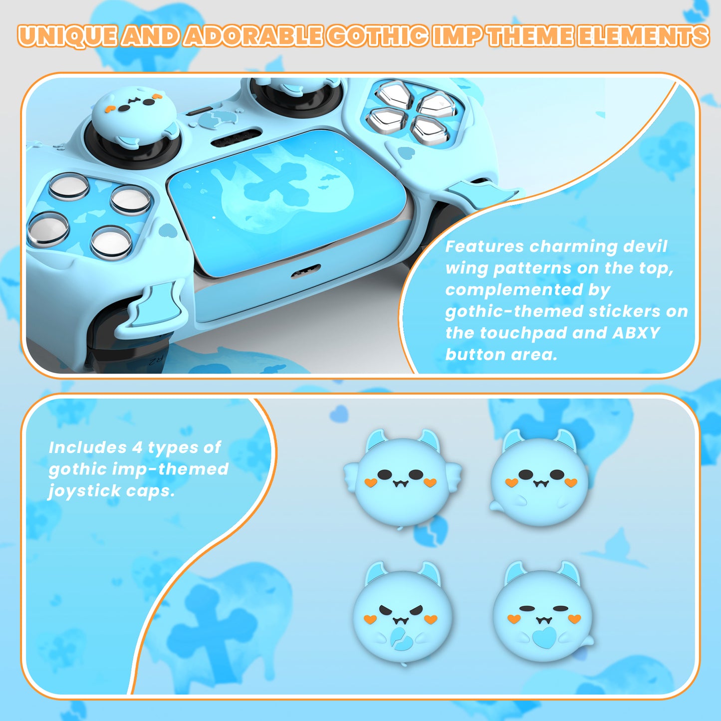 PlayVital Gothic Imp Series Cute Silicone Case with Thumb Grips and Stickers for PS5 Controller, Compatible with PS5 Official Charging Dock - Blue