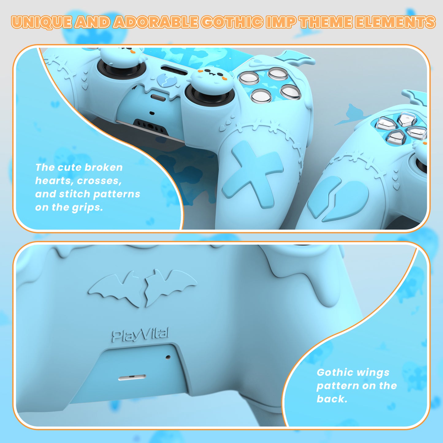 PlayVital Gothic Imp Series Cute Silicone Case with Thumb Grips and Stickers for PS5 Controller, Compatible with PS5 Official Charging Dock - Blue