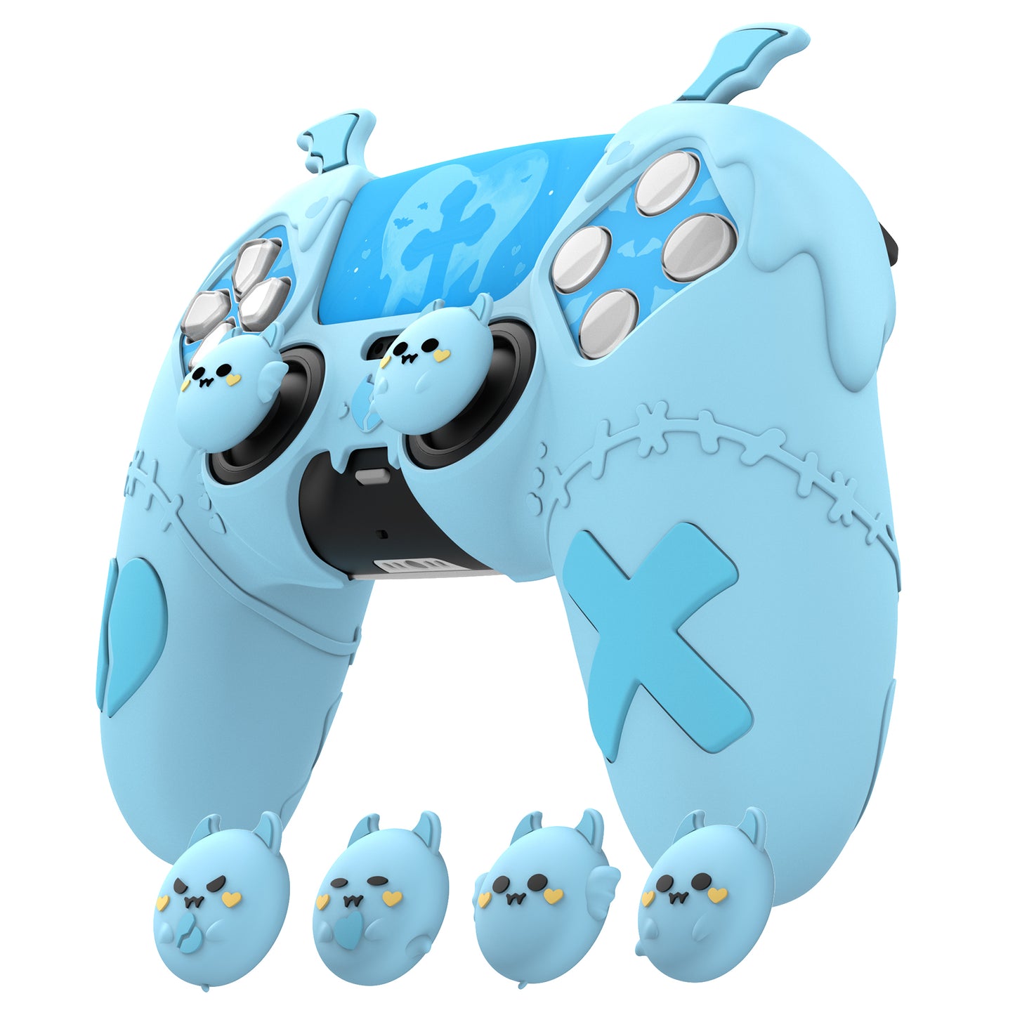 PlayVital Gothic Imp Series Cute Silicone Case with Thumb Grips and Stickers for PS5 Controller, Compatible with PS5 Official Charging Dock - Blue PlayVital