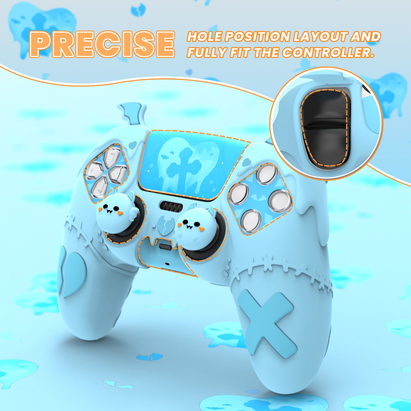 PlayVital Gothic Imp Series Cute Silicone Case with Thumb Grips and Stickers for PS5 Controller, Compatible with PS5 Official Charging Dock - Blue