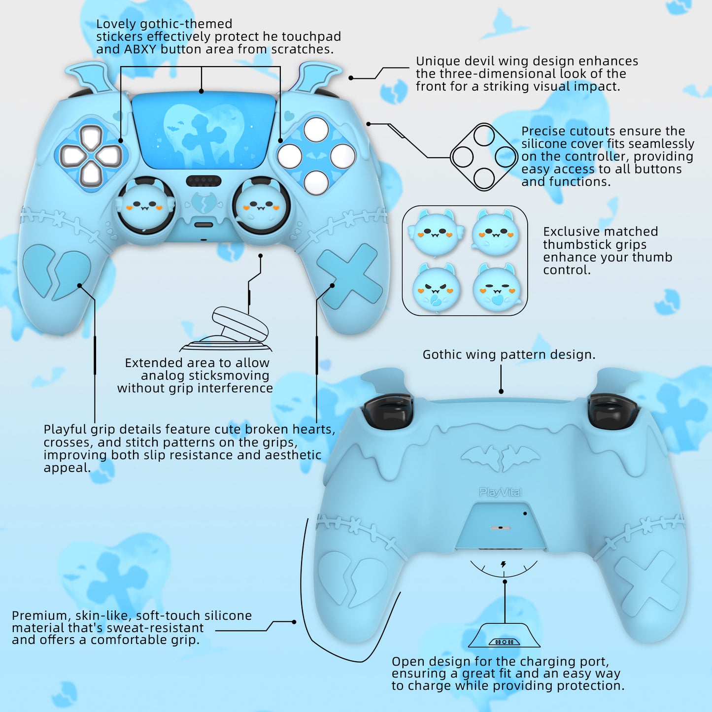 PlayVital Gothic Imp Series Cute Silicone Case with Thumb Grips and Stickers for PS5 Controller, Compatible with PS5 Official Charging Dock - Blue