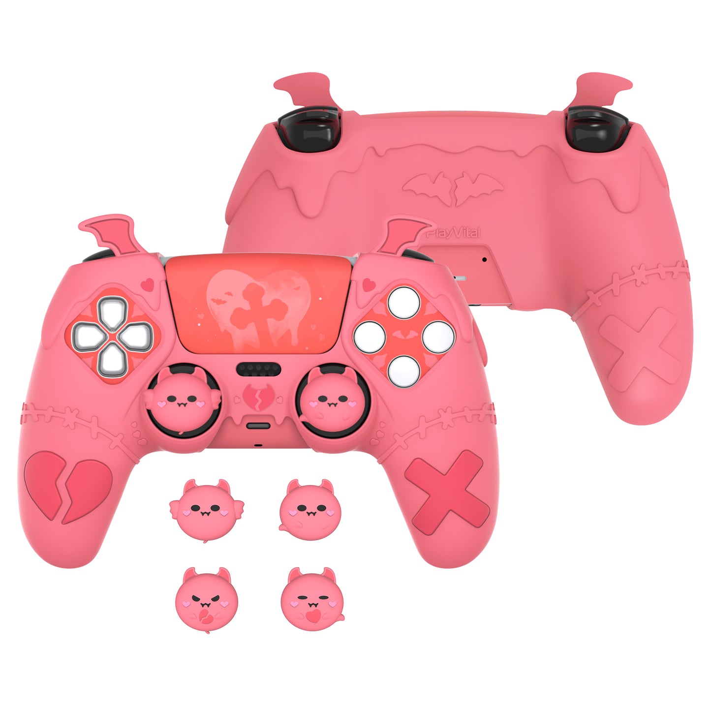 PlayVital Gothic Imp Series Cute Silicone Case with Thumb Grips and Stickers for PS5 Controller, Compatible with PS5 Official Charging Dock - Pink