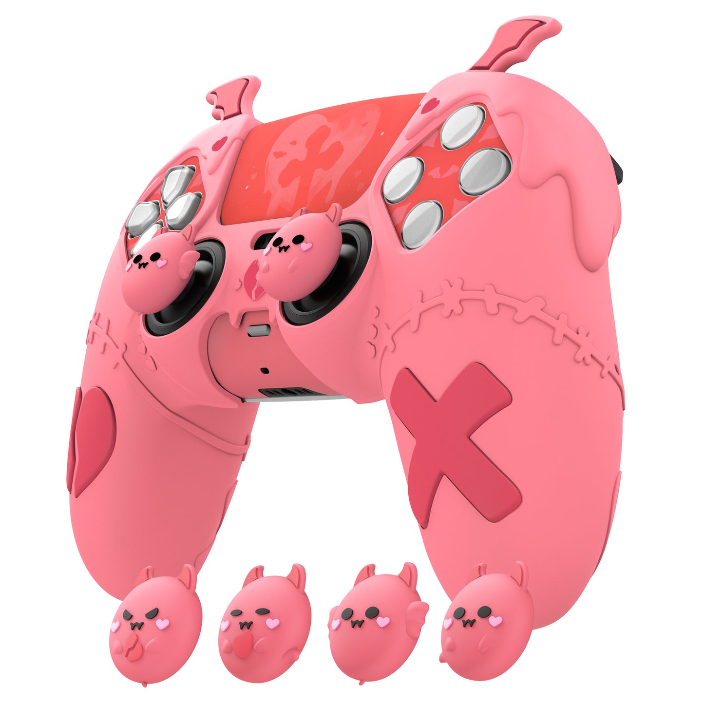 PlayVital Gothic Imp Series Cute Silicone Case with Thumb Grips and Stickers for PS5 Controller, Compatible with PS5 Official Charging Dock - Pink