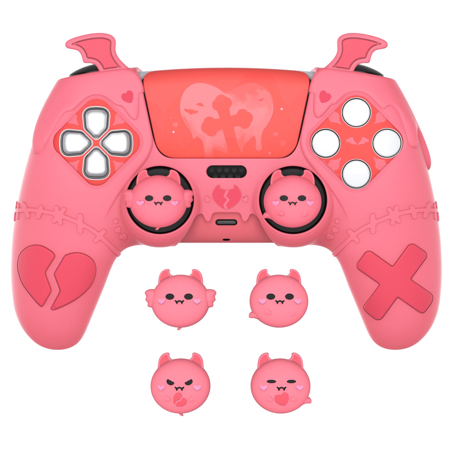 PlayVital Gothic Imp Series Cute Silicone Case with Thumb Grips and Stickers for PS5 Controller, Compatible with PS5 Official Charging Dock - Pink