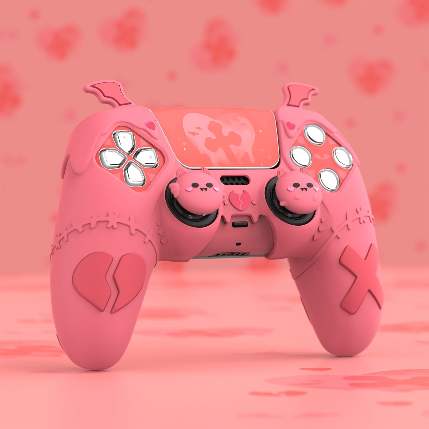 PlayVital Gothic Imp Series Cute Silicone Case with Thumb Grips and Stickers for PS5 Controller, Compatible with PS5 Official Charging Dock - Pink