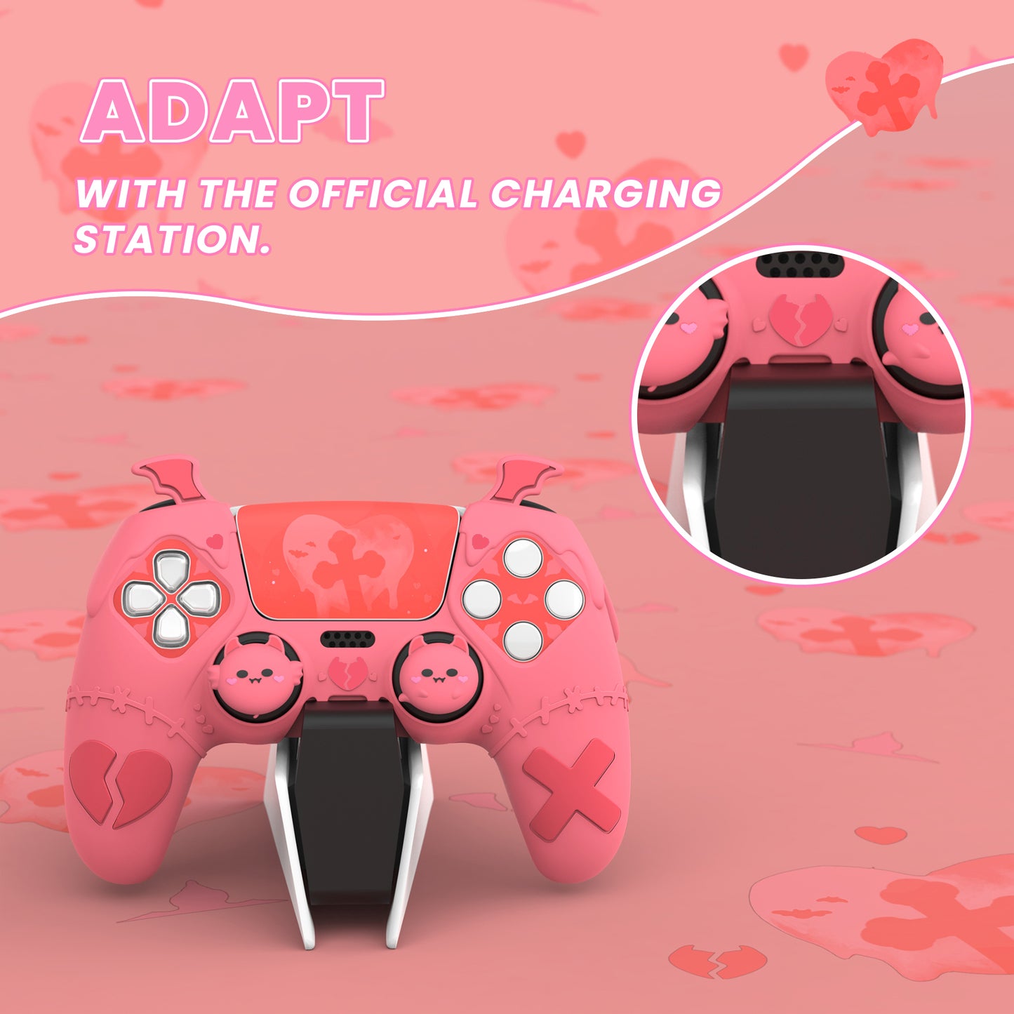 PlayVital Gothic Imp Series Cute Silicone Case with Thumb Grips and Stickers for PS5 Controller, Compatible with PS5 Official Charging Dock - Pink