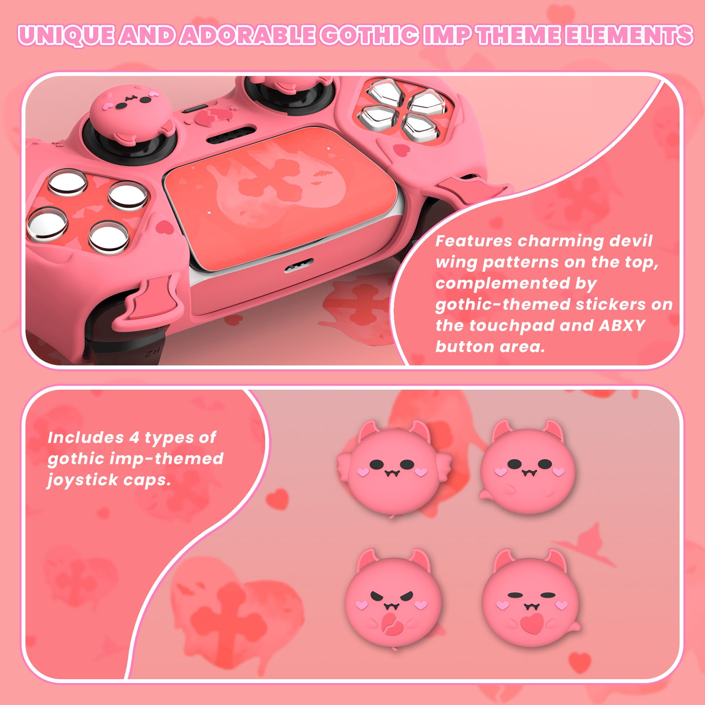 PlayVital Gothic Imp Series Cute Silicone Case with Thumb Grips and Stickers for PS5 Controller, Compatible with PS5 Official Charging Dock - Pink