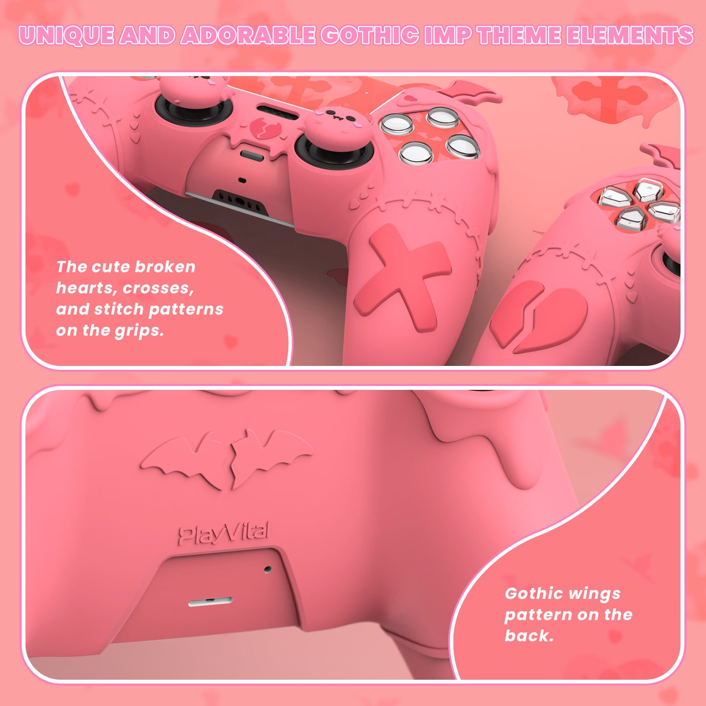 PlayVital Gothic Imp Series Cute Silicone Case with Thumb Grips and Stickers for PS5 Controller, Compatible with PS5 Official Charging Dock - Pink