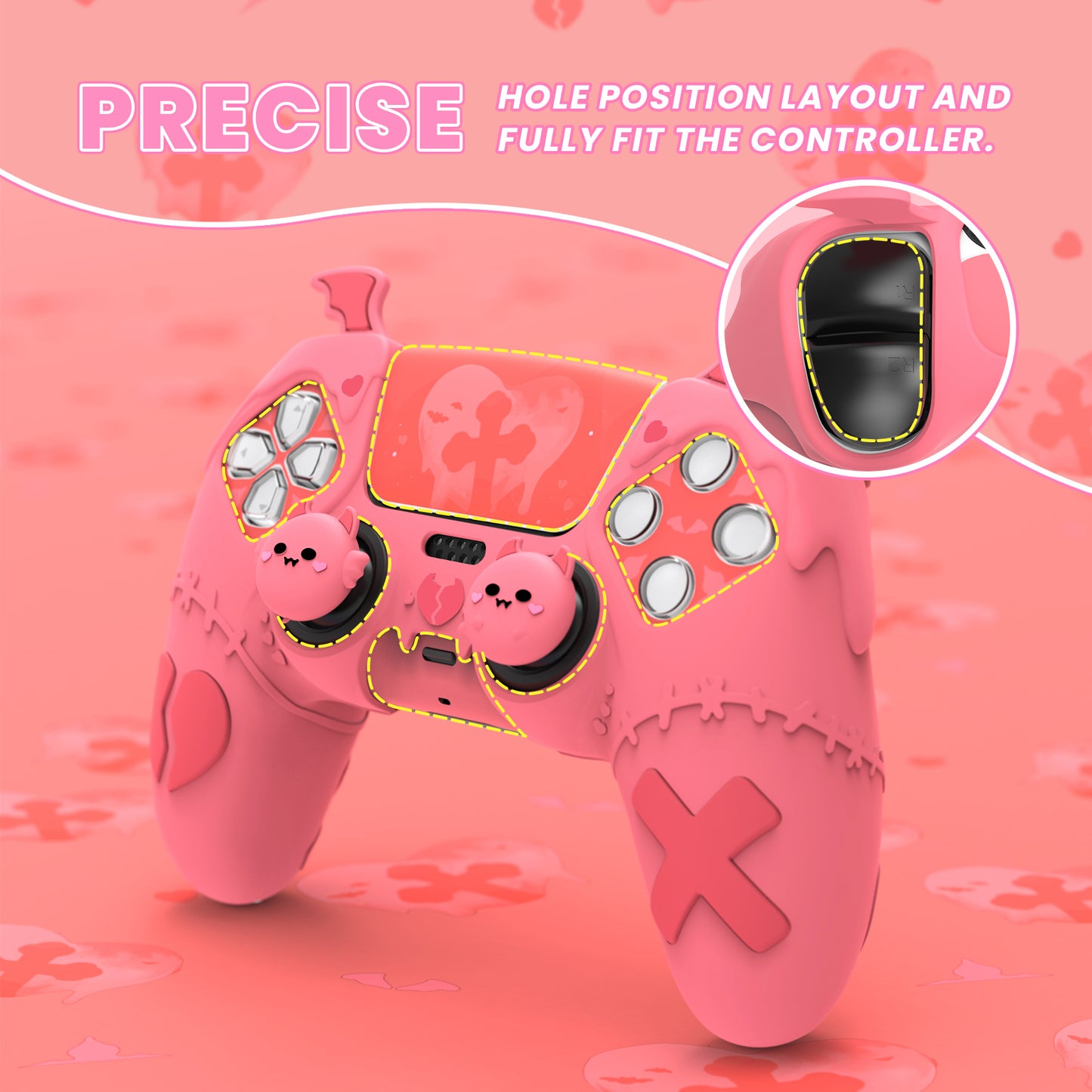 PlayVital Gothic Imp Series Cute Silicone Case with Thumb Grips and Stickers for PS5 Controller, Compatible with PS5 Official Charging Dock - Pink