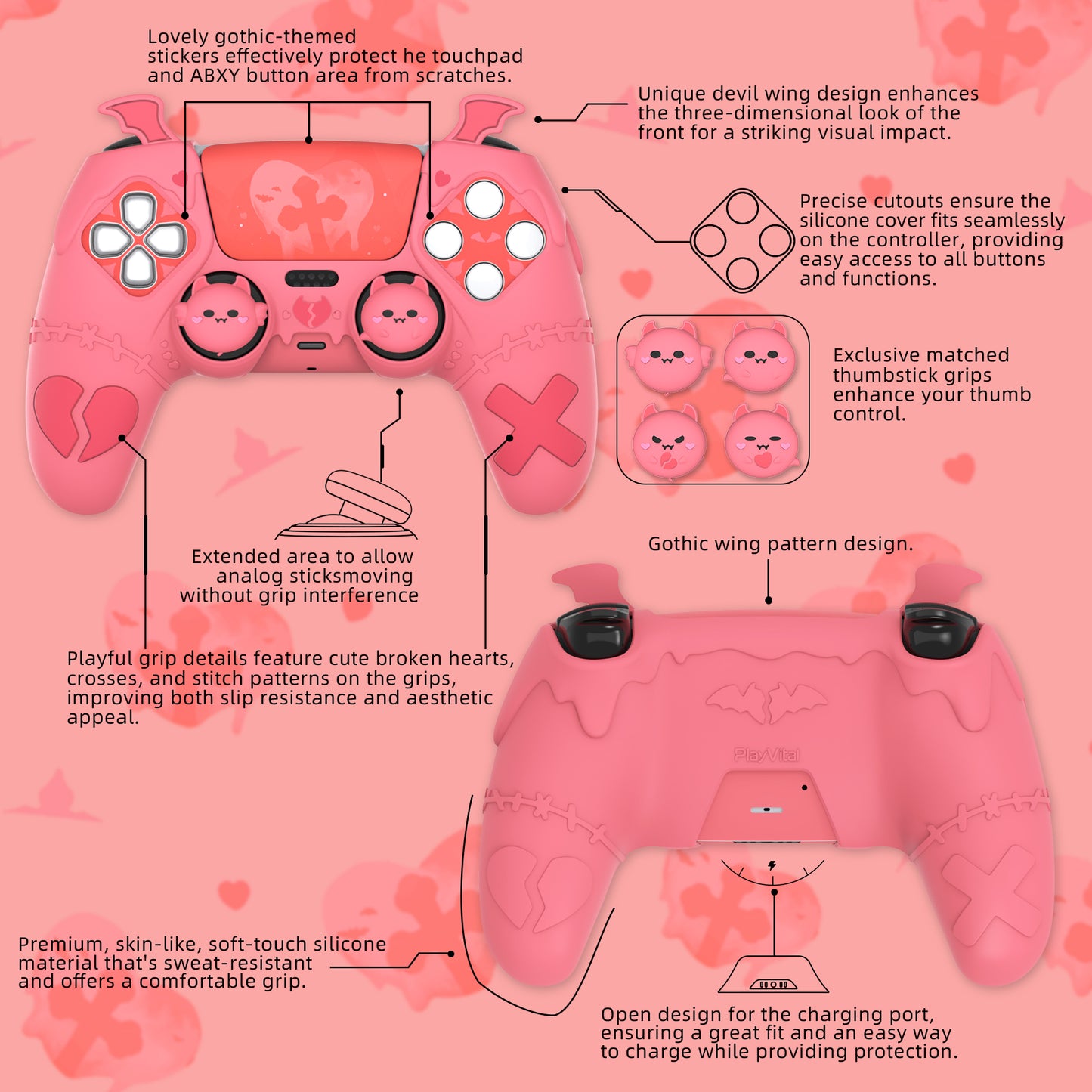 PlayVital Gothic Imp Series Cute Silicone Case with Thumb Grips and Stickers for PS5 Controller, Compatible with PS5 Official Charging Dock - Pink