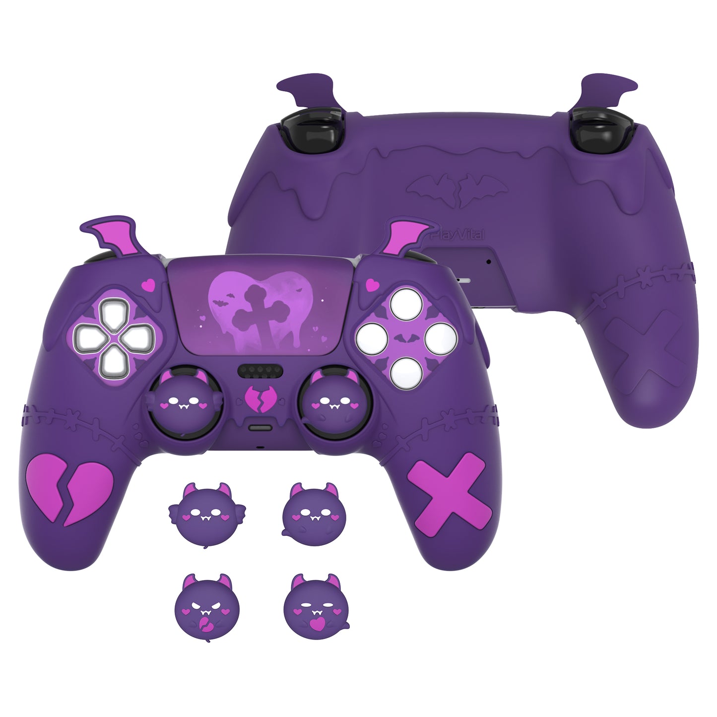 PlayVital Gothic Imp Series Cute Silicone Case with Thumb Grips and Stickers for PS5 Controller, Compatible with PS5 Official Charging Dock - Purple