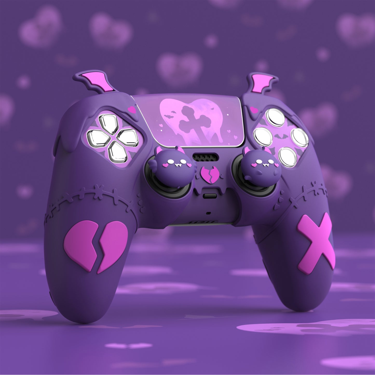 PlayVital Gothic Imp Series Cute Silicone Case with Thumb Grips and Stickers for PS5 Controller, Compatible with PS5 Official Charging Dock - Purple