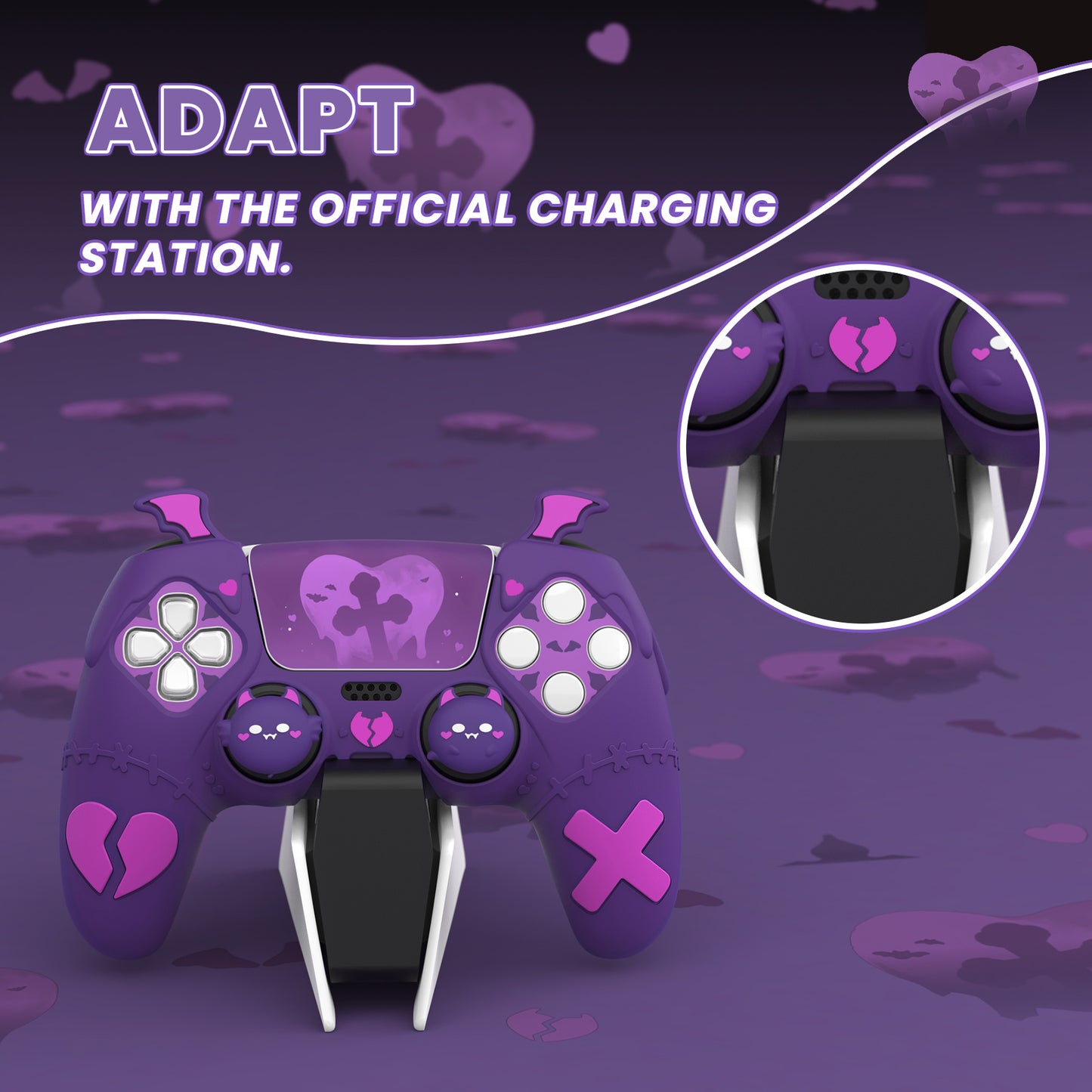 PlayVital Gothic Imp Series Cute Silicone Case with Thumb Grips and Stickers for PS5 Controller, Compatible with PS5 Official Charging Dock - Purple