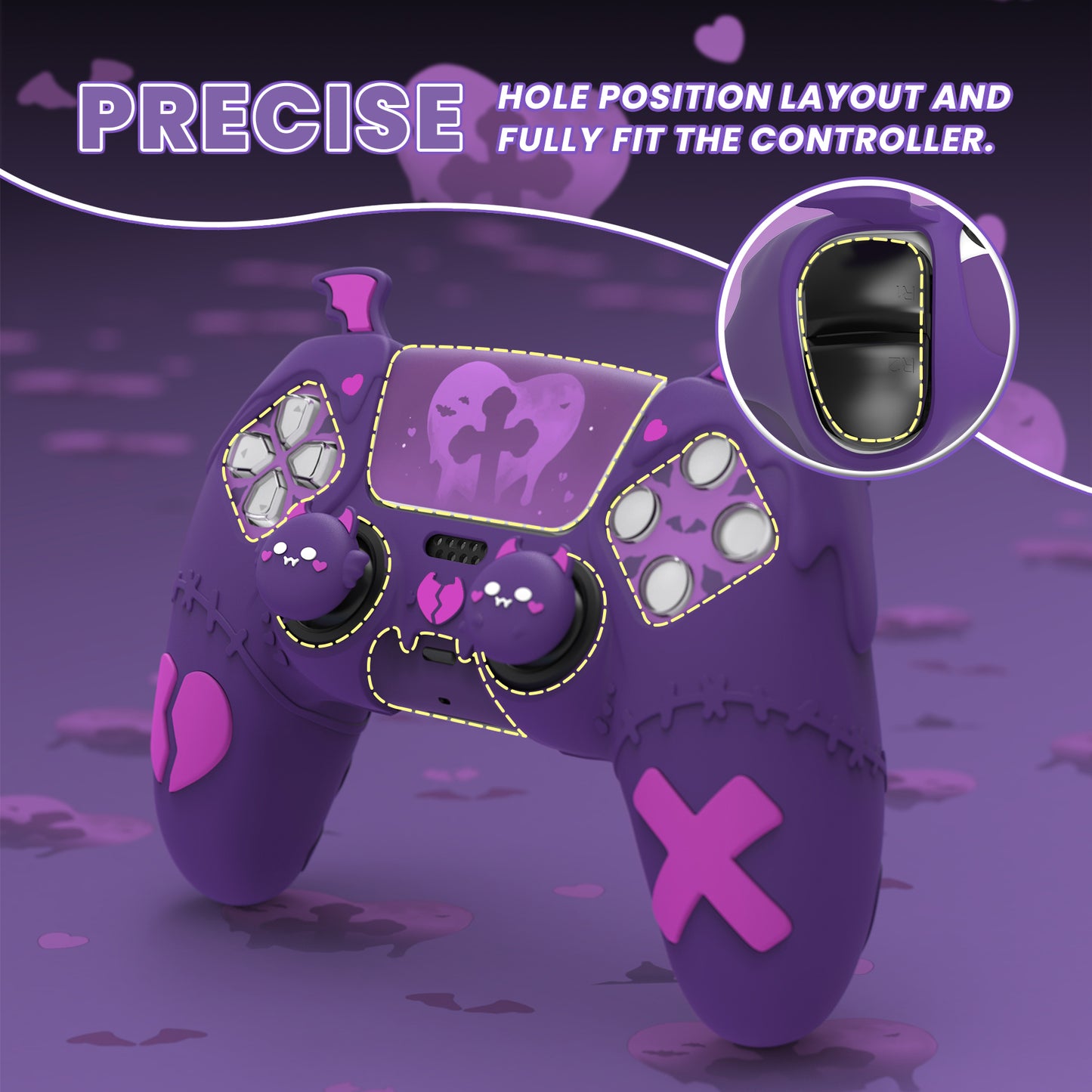 PlayVital Gothic Imp Series Cute Silicone Case with Thumb Grips and Stickers for PS5 Controller, Compatible with PS5 Official Charging Dock - Purple